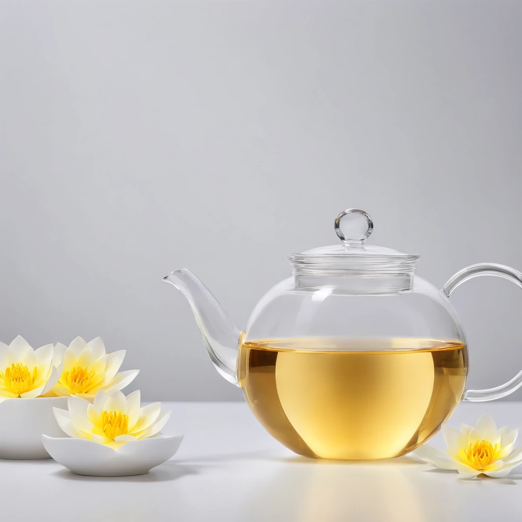 There is a lotus flower in a transparent glass teapot，Golden liquid，cleanness，White background，Simple composition，Minimalism,Super detail, ccurate, Best quality, hyper HD, Masterpiece, A high resolution, 1080p, 16k, Award-Awarded, Super detail, High details