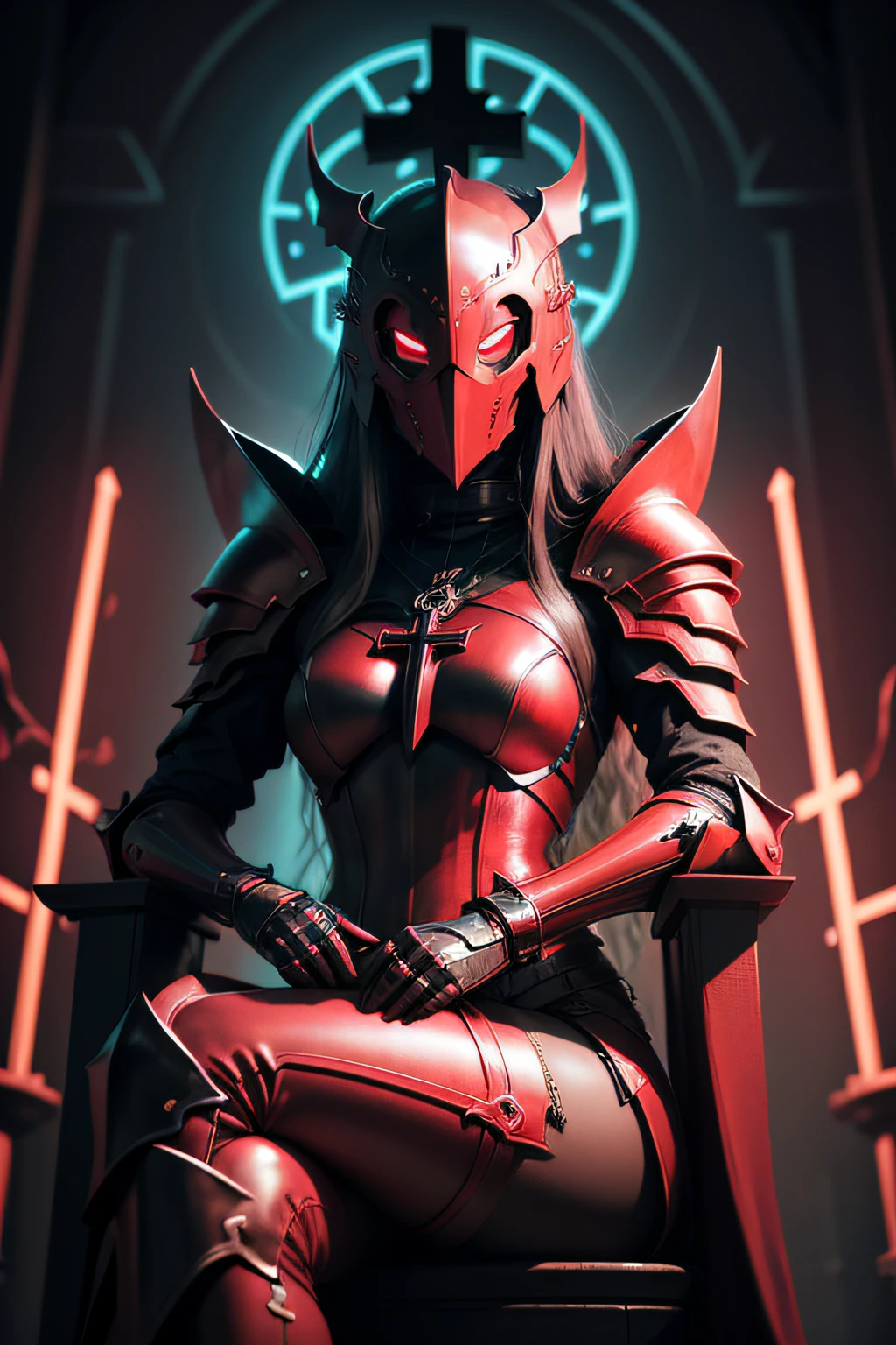 Ark Art Darkweb 1Female Evil Knight,seated on a neon-red throne cross-legged, Using an anonymous red neon mask, Use of red neon armor, Church décor, croix christ a l'envers sur le mur ,darkness,obscur,4K