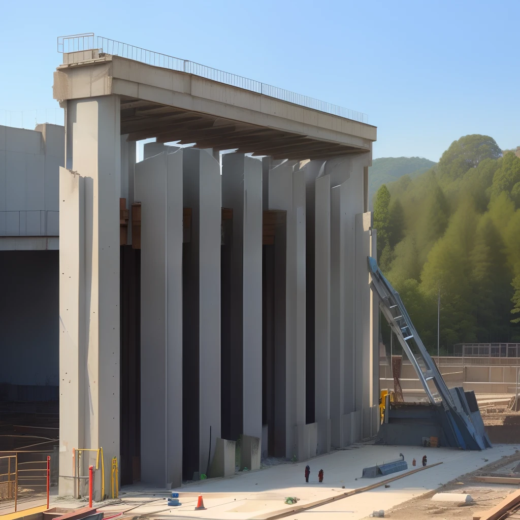 A reinforced concrete beam poured by workers on a public works site showing the pending reinforcement