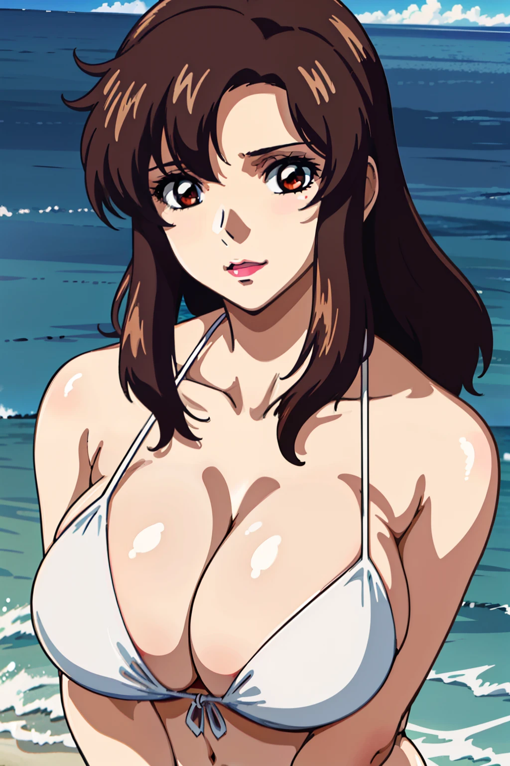 (masterpiec, best quality, anime screencap:1.5, HD, 8k, photorealistic), 1woman, milf, bangs, brown_hair, long_hair, red eyes, lipstick, makeup, blush, huge breast, cleavage, white micro bikini, fold-arms, upper body, shoot from front, (perfect anatomy, perfect detailed, shiny skin, beautiful hair, beautiful face, beautiful eyes, beautiful breast), (thick outline, black outline), sunshine, beach,