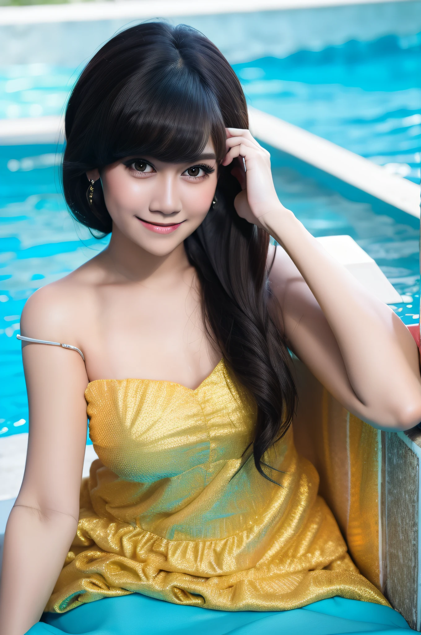 beautiful face, sexual style, at the pool, wearing off-shoulder dress, love earrings, make up cute, long bangs hair, full body, close up, little smile, ultra high quality, Masterpiece