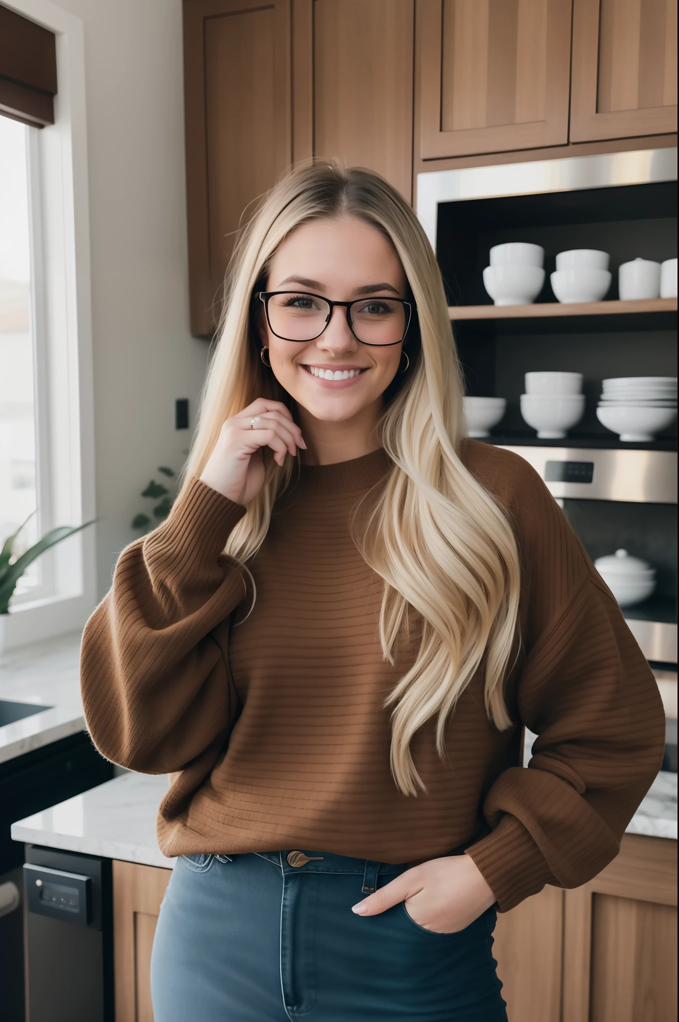 a woman wearing glasses and a brown sweater standing in a kitchen, kailee mandel, girl with glasses, girl wearing round glasses, with glasses, commercial photo, with glasses on, casually dressed, thick glasses, portrait of maci holloway, inspired by Károly Lotz, with square glasses, head shot, long blonde hair, amber glasses