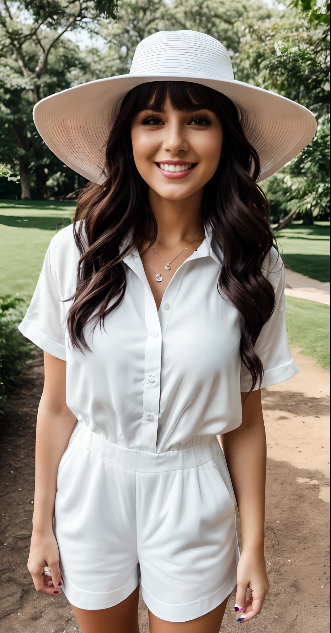 a woman wearing a white romper and a hat, wearing a white button up shirt, white outfit, wearing white dress, white silky outfit, wearing white shirt, white suit and hat, clothed in white shirt, casual white garment, detailed white, white trendy clothes, white summer dress, white tunic, white blouse, wearing white clothes, dressed in white, white dress shirt