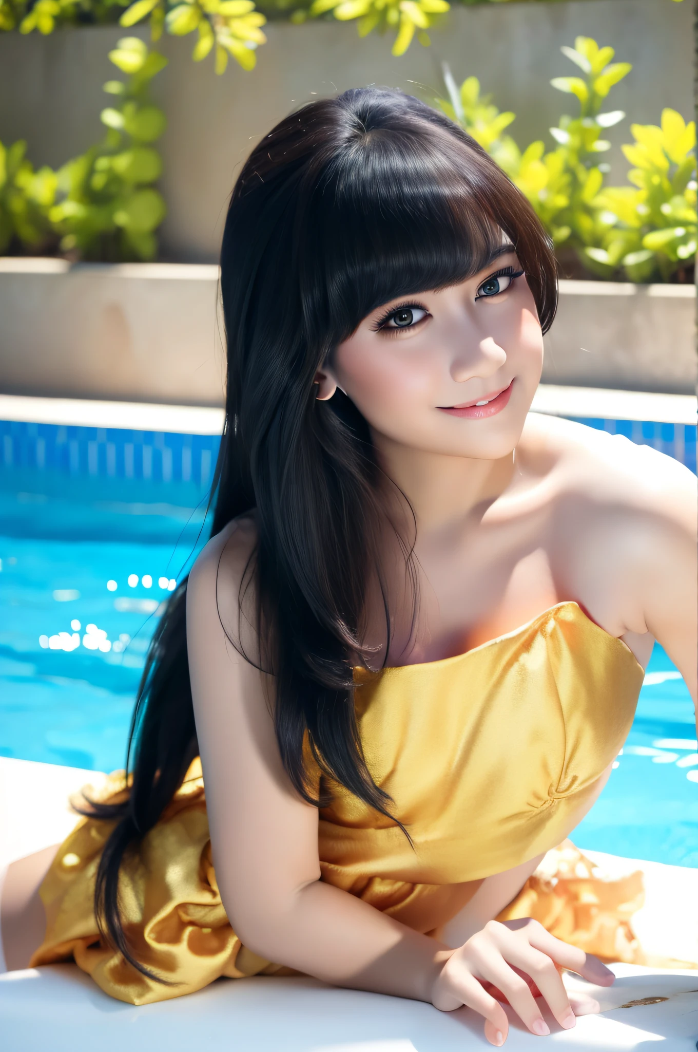 beautiful face, sexual style, at the pool, wearing off-shoulder dress, love earrings, make up cute, long bangs hair, full body, close up, little smile, ultra high quality, Masterpiece