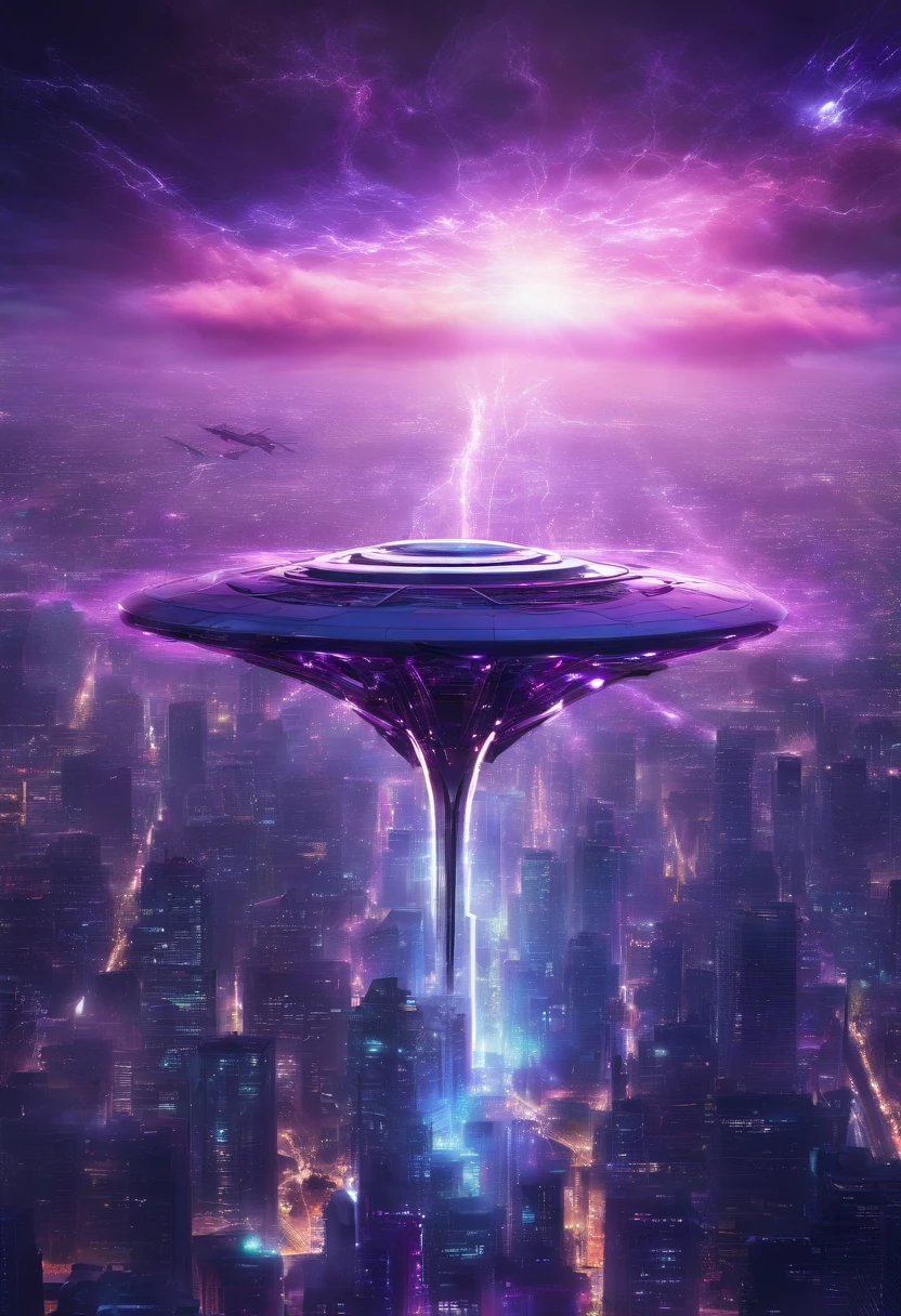 Futuristic alien spaceships flying above the clouds, dark sky, purple lighting, rain, lightning, hyper-realistic, highly detailed, 8k, HDR, ultra-detailed, professional, vibrant colors, bokeh, sci-fi, digital art, metallic materials, intense atmosphere, mysterious shadows, dynamic composition, dreamlike, surreal, otherworldly, futuristic architecture, advanced technology, glowing symbols, energy beams, motion blur, swirling clouds, towering skyscrapers, flying debris, electrical sparks, cinematic, dramatic angles, epic scale, immersive experience.