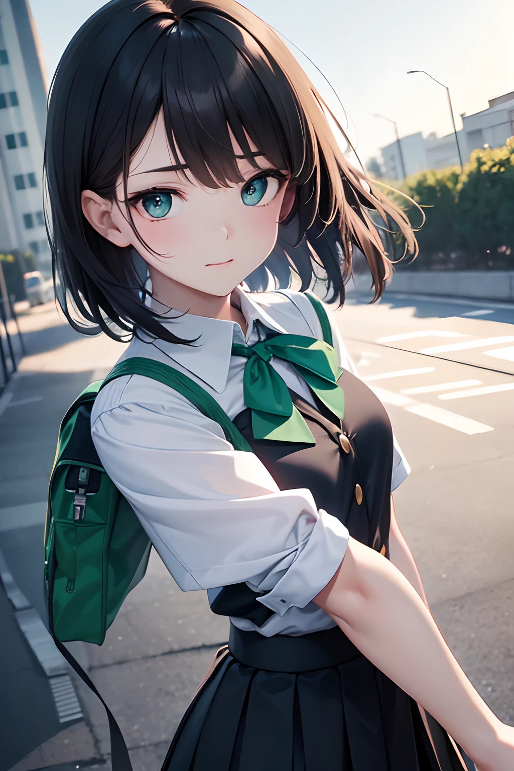a , female, beautiful and cute, solo character, (black single sidelock hair), bright eyes, gradient eyes, school unifrom, breeze blow, ((green back)),(anime style), (cinematic lighting), (ray tracing), ((reflection light)), ((half-body-shot)), atmospheric perspective, masterpiece, accurate, ((best quality)), high quality, super detail, high details, anatomically correct, highRes, 1080p,