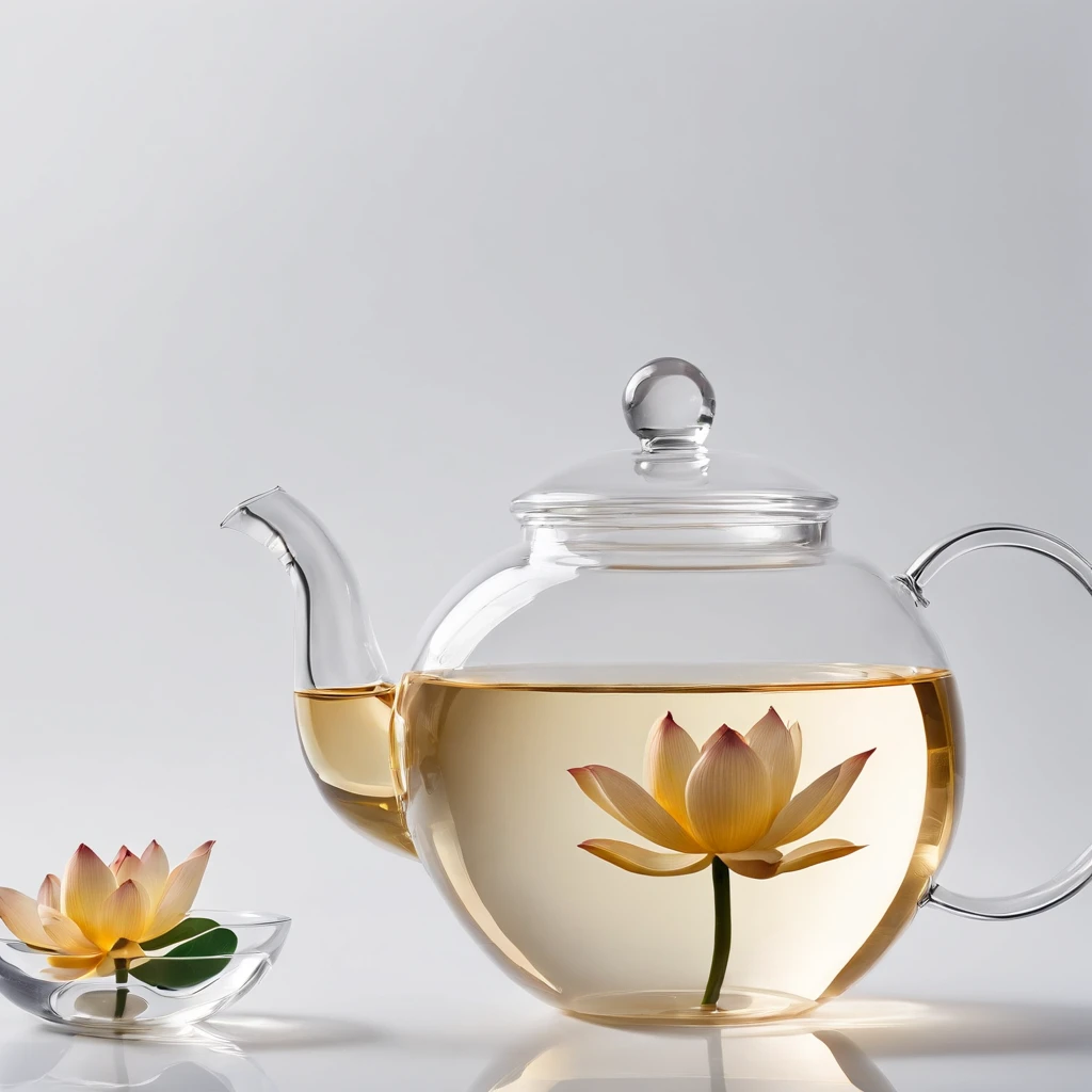 There is a lotus flower in a transparent glass teapot,Golden liquid,cleanness,White background,Simple composition