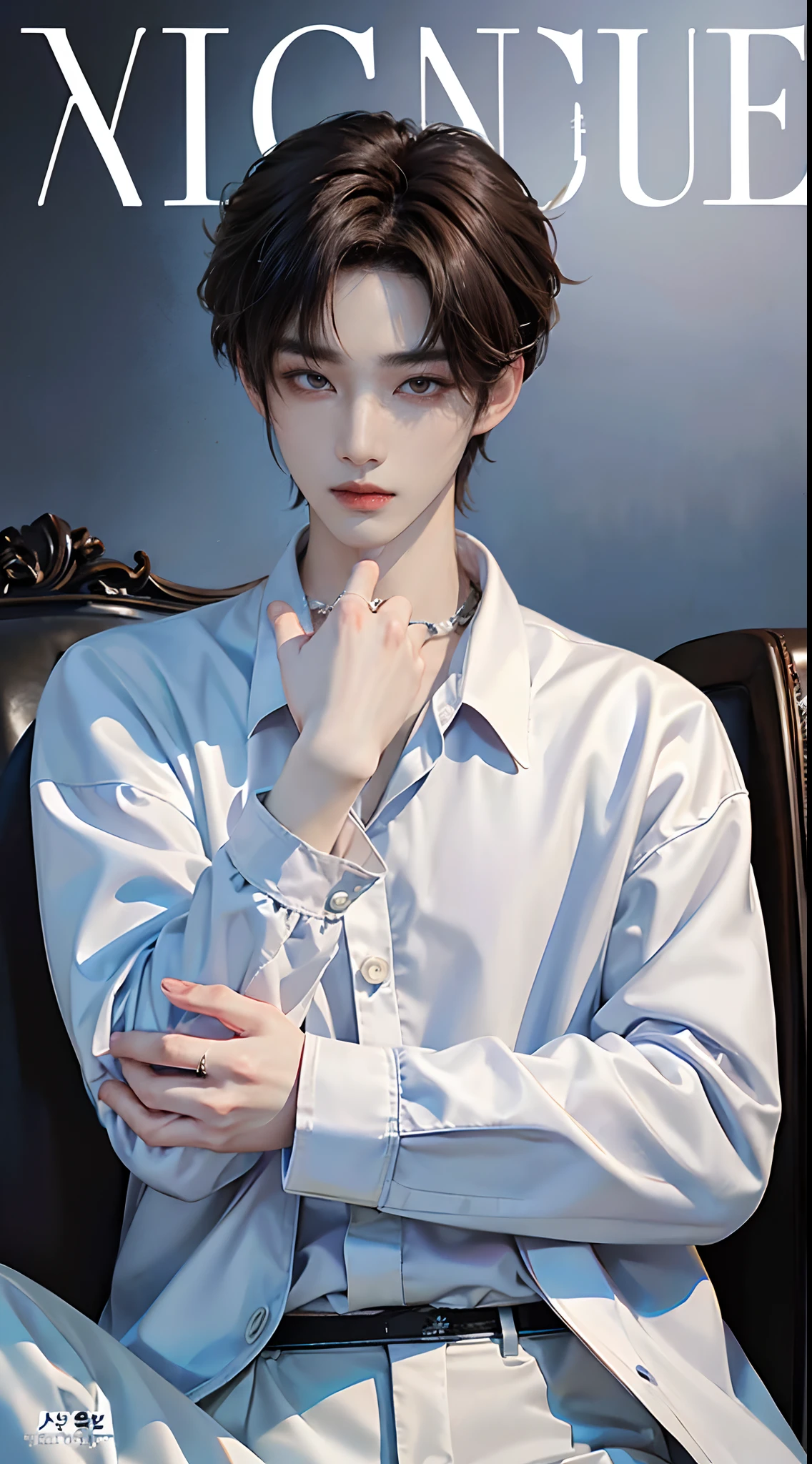 ((4K works))、​masterpiece、（top-quality)、((high-level image quality))、One Manly Boy、Slim body、((White Y-shirt and long black pants))、(Detailed beautiful eyes)、((Model Magazines))、Face similar to Chaewon in Ruseraphim、((short hair above the ears))、((Smaller face))、((Neutral face))、((Light brown eyes))、((Korean boy))、((18year old))、((Handsome man))、((Wild look))、((Korean Makeup))、((elongated and sharp eyes))、((Photographed so that the whole body can be seen))、((Focus zoom out))、((Model Magazine Cover))、((model poses))、((Model photo))、Professional Photos、((Magazine covers))