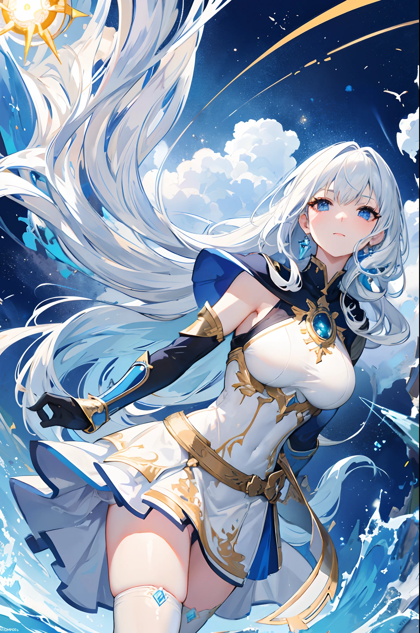 (masterpiece), (best quality), (ultra detailed face), beautiful face, perfect face, slim waist, stunning figure, one girl, long hair, (white hair with blue accent hair), ((long right bang)), ((asymmetrical hair)), blue eyes, white sleeves, white skirt, (((black stockings))), blue sky, clouds, on top of a ruin, (extremely high details), (((long blue dress))), knightly attire, warrioress, fire control, water control, (shining eyes), (fantasy breastplate), (fantasy breast armor), light armor, (bare shoulders), standing, battle mage concept, untied hair, ((blue and white dress with gold accents)), ornamental wrist armor, big breasts, sun on horizon, daytime, fierce pose, battle ready pose, magic chanting pose, blue magic circle
