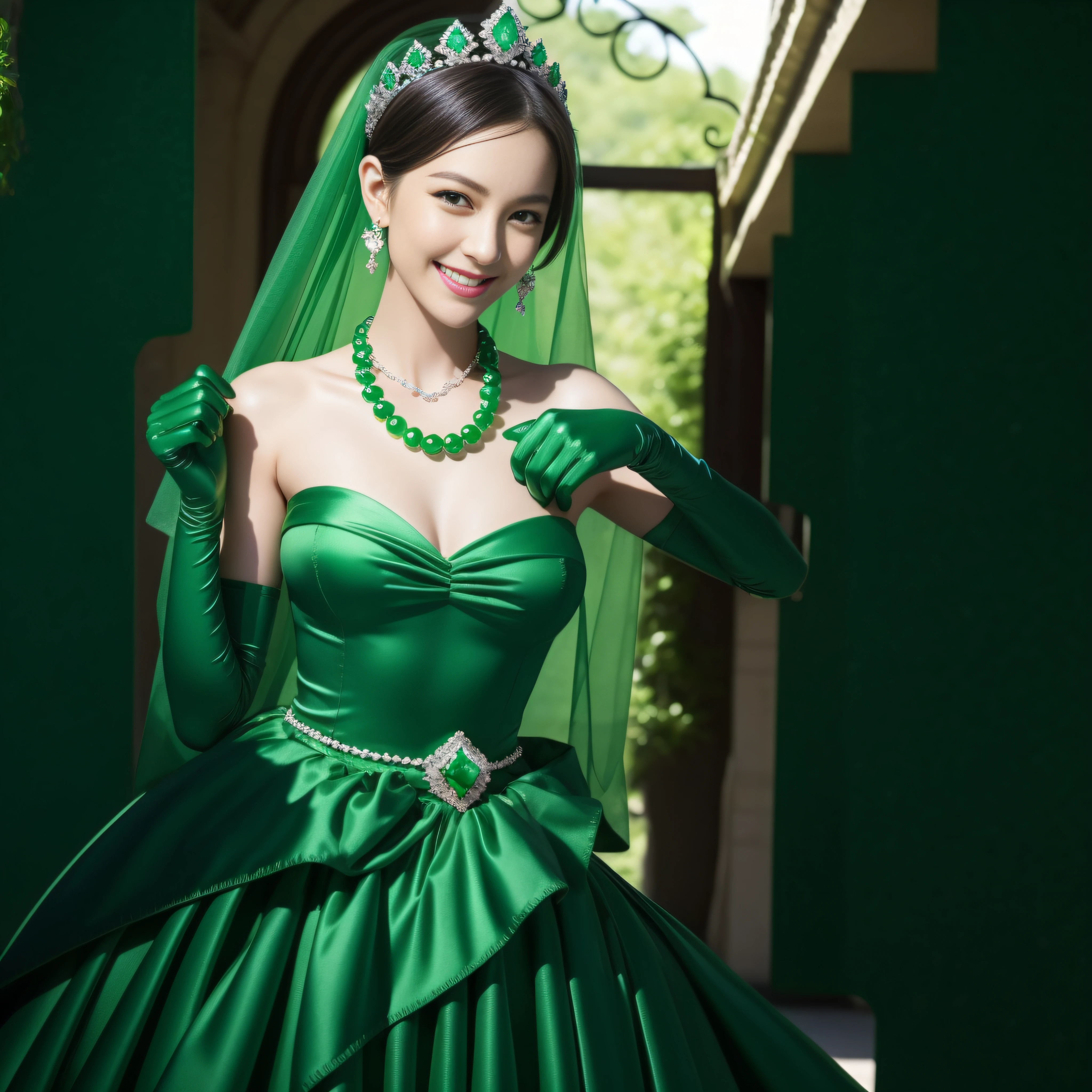 emerald tiara, Green Pearl Necklace, Boyish very short green hair, lipsticks, Japan woman smiling, very short short hair, big breasts beautiful, Green eyes, Long green gloves made of satin material, Green eyes, Emerald Earrings, Green dress