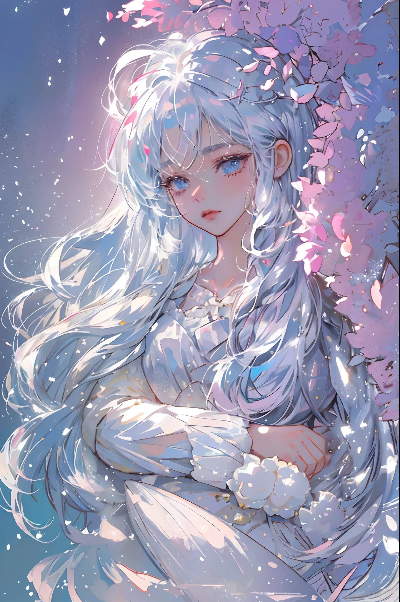 ((masterpiece)), highly detailed, best quality, 8k, (soft light), cinematic light, beautiful detailed eyes,
1girl, white hair, long hair, next to a bottle of perfume, elegant, cozy, clean detailed anime art, trending on artstartion, iridescent, opalescent, cream dripping on face, warmly lit, soap, (pink and white theme),