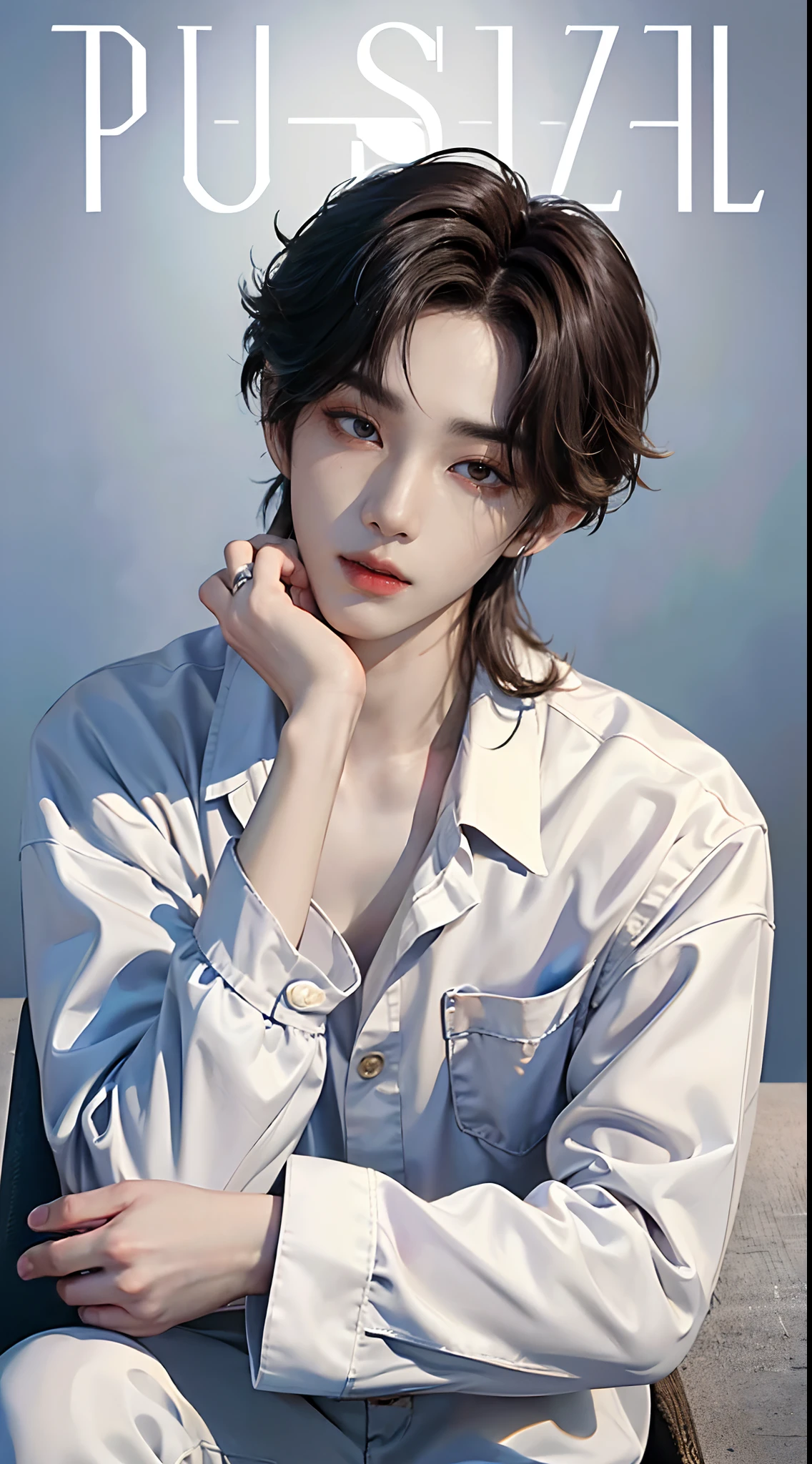 ((4K works))、​masterpiece、（top-quality)、((high-level image quality))、One Manly Boy、Slim body、((White Y-shirt and long black pants))、(Detailed beautiful eyes)、((Model Magazines))、Face similar to Chaewon in Ruseraphim、((short hair above the ears))、((Smaller face))、((Neutral face))、((Light brown eyes))、((Korean boy))、((18year old))、((Handsome man))、((Wild look))、((Korean Makeup))、((elongated and sharp eyes))、((Photographed so that the whole body can be seen))、((Focus zoom out))、((Model Magazine Cover))、((model poses))、((Model photo))、Professional Photos、((Magazine covers))