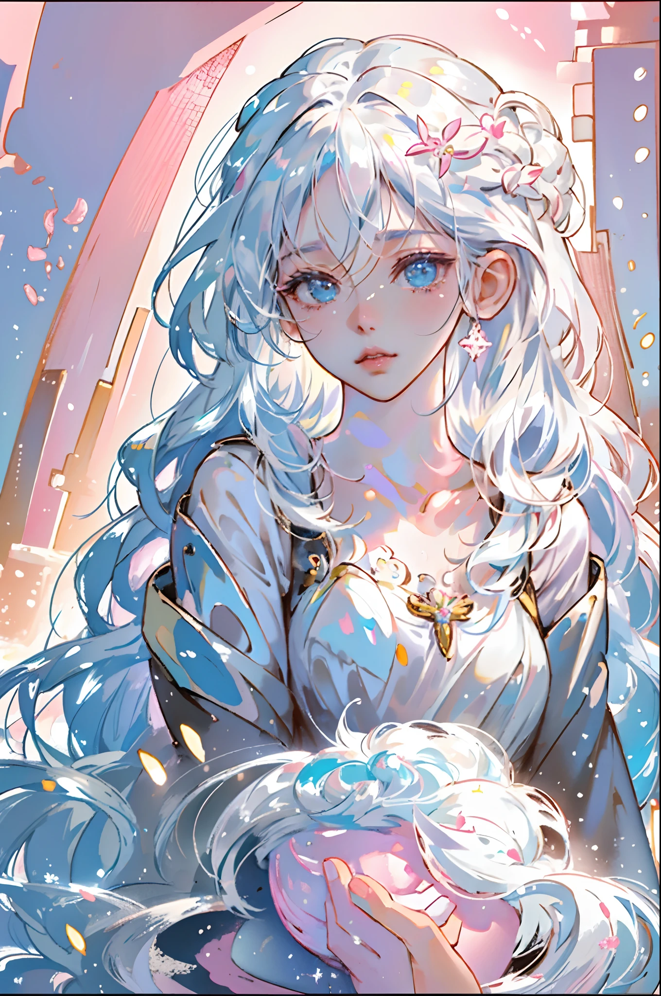 ((masterpiece)),  highly detailed, best quality, 8k, (soft light), cinematic light, beautiful detailed eyes, 
1girl, white hair, long hair, next to a bottle of perfume, elegant, cozy, clean detailed anime art,  trending on artstartion,  iridescent, opalescent,  cream dripping on face, warmly lit, soap, (pink and white theme),