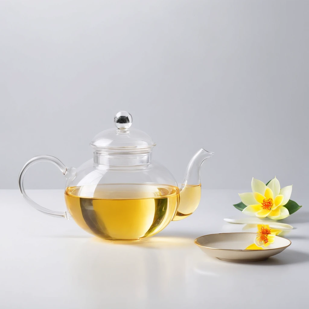 There is a lotus flower in the transparent glass teapot,Golden liquid,cleanness,White background,Simple composition,Minimalism,Super detail, ccurate, Best quality, hyper HD, Masterpiece, A high resolution, 1080p, 16k, Award-Awarded, Super detail, High details