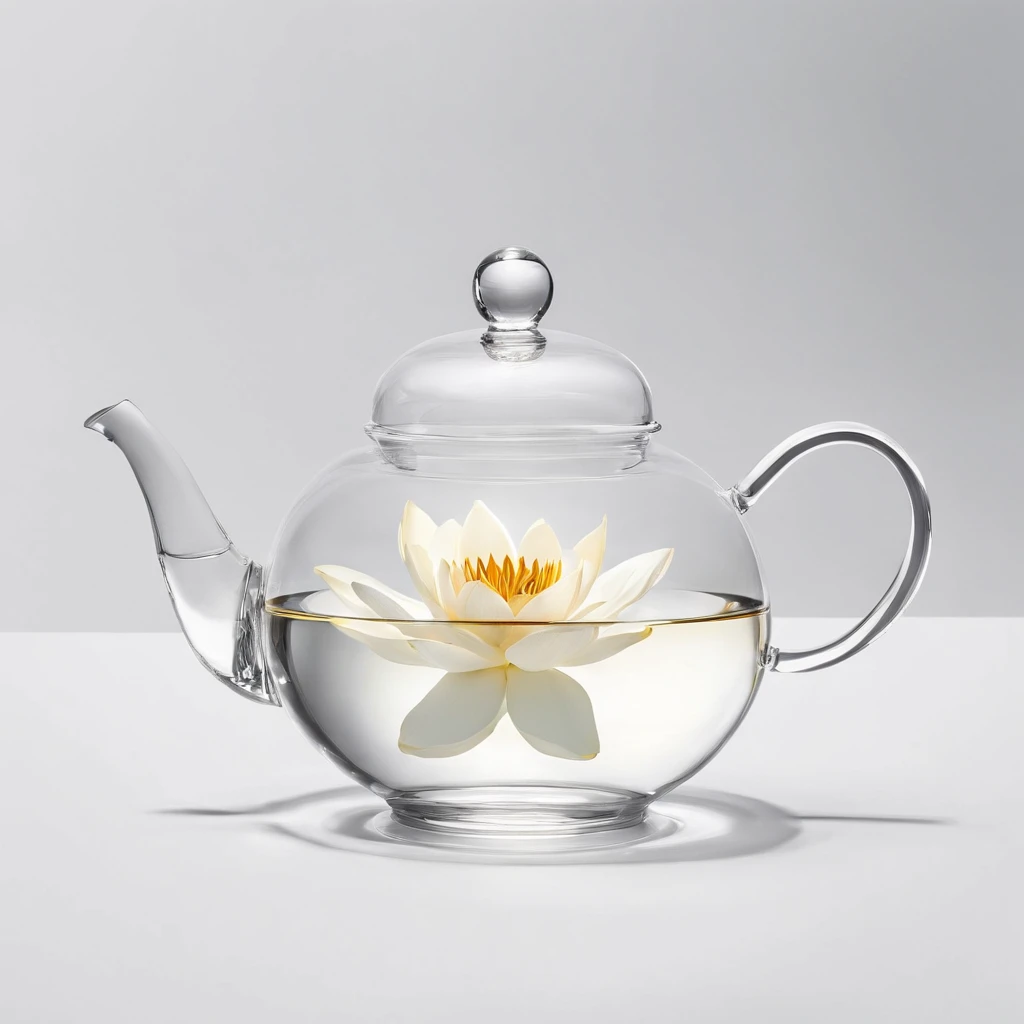 There is a lotus flower in the transparent glass teapot，Golden liquid，cleanness，White background，Simple composition，Minimalism,Super detail, ccurate, Best quality, hyper HD, Masterpiece, A high resolution, 1080p, 16k, Award-Awarded, Super detail, High details