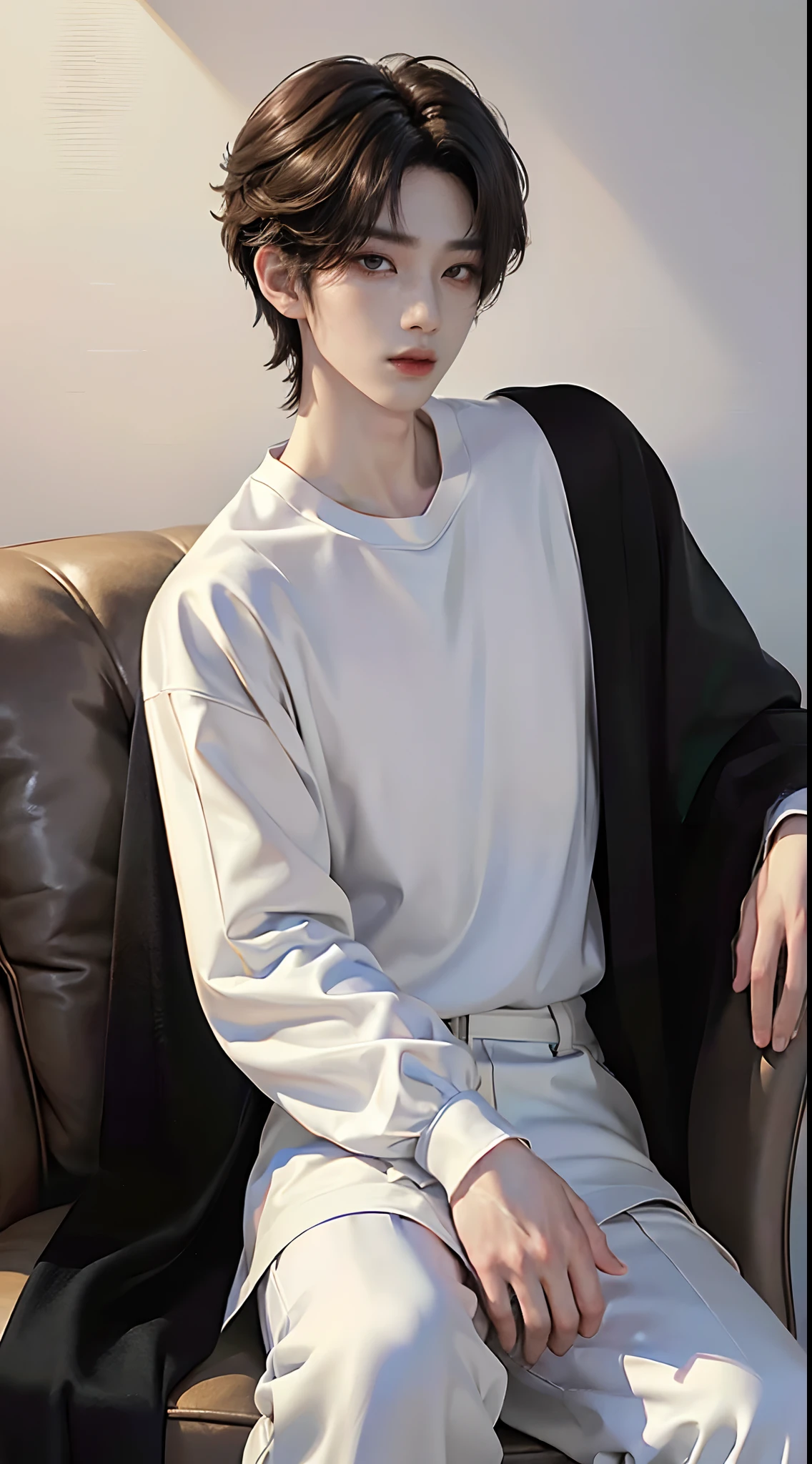 ((4K works))、​masterpiece、（top-quality)、((high-level image quality))、One Manly Boy、Slim body、((White Y-shirt and long black pants))、(Detailed beautiful eyes)、((Model Magazines))、Face similar to Chaewon in Ruseraphim、((short hair above the ears))、((Smaller face))、((Neutral face))、((Light brown eyes))、((Korean boy))、((18year old))、((Handsome man))、((Wild look))、((Korean Makeup))、((elongated and sharp eyes))、((Photographed so that the whole body can be seen))、((Focus zoom out))、((Model Magazine Cover))、((model poses))、((Model photo))、Professional Photos、((Magazine covers))