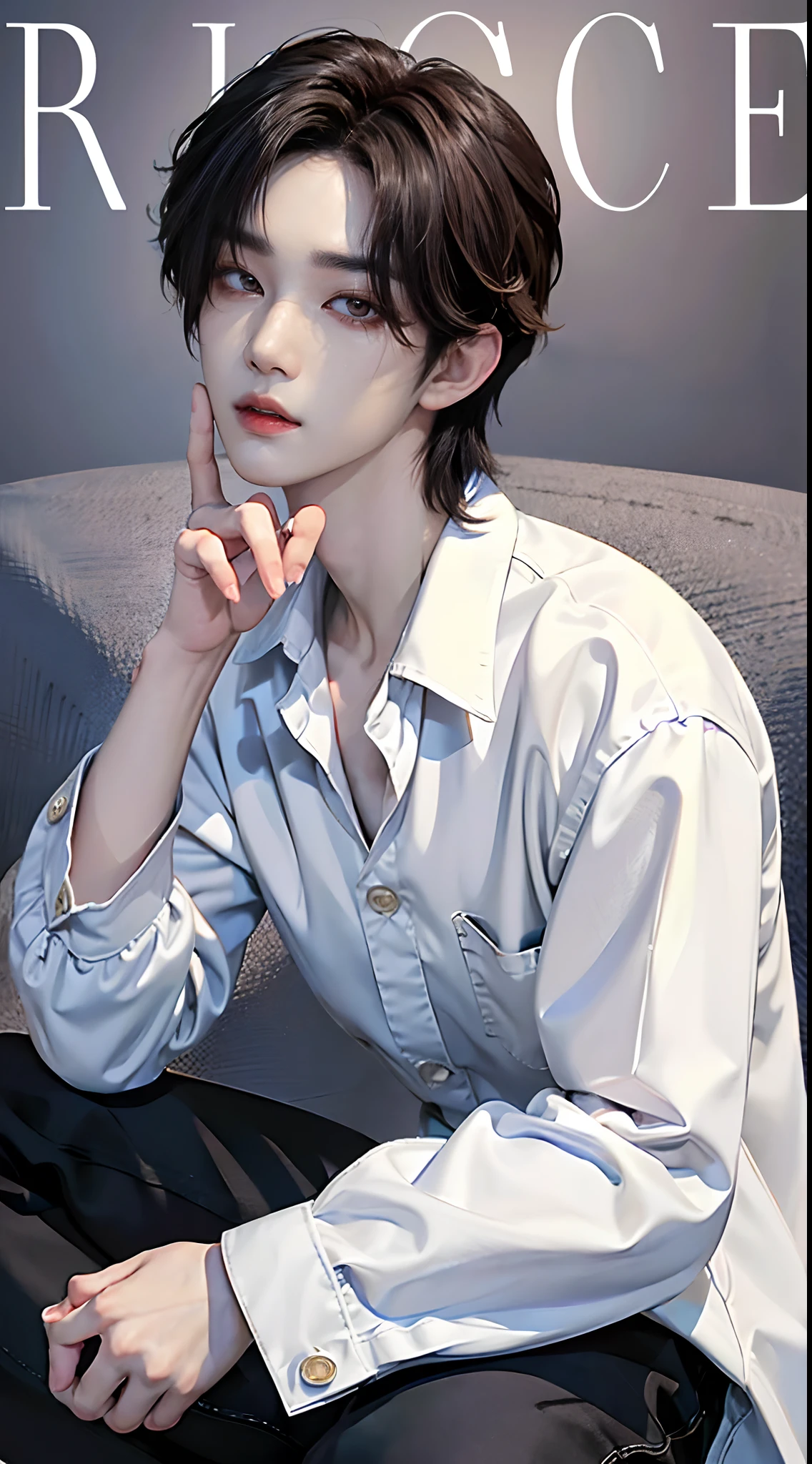 ((4K works))、masterpiece、(top-quality)、((high-level image quality))、One Manly Boy、Slim body、((White Y-shirt and long black pants))、(Detailed beautiful eyes)、((Model Magazines))、Face similar to Chaewon in Ruseraphim、((short hair above the ears))、((Smaller face))、((Neutral face))、((Light brown eyes))、((Korean boy))、((18year old))、((Handsome man))、((Wild look))、((Korean Makeup))、((elongated and sharp eyes))、((Photographed so that the whole body can be seen))、((Focus zoom out))、((Model Magazine Cover))、((model poses))、((Model photo))、Professional Photos、((Magazine covers))