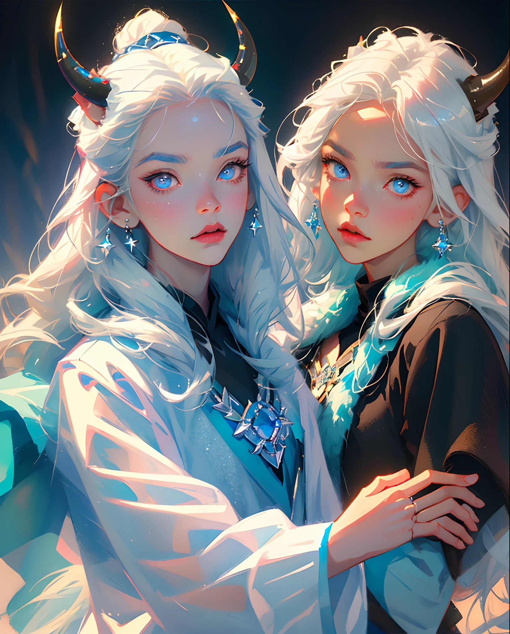 《frozzen》Elsa, Perfect masterpiece, Highest quality, Perfect work of art, 8K, illustration, Soft light blue fur, White hair, Black pupils, oni horn, 2 horns, Blue eyes, (Boy, Male, Juvenile), Bust photo, Gaze towards the viewer.