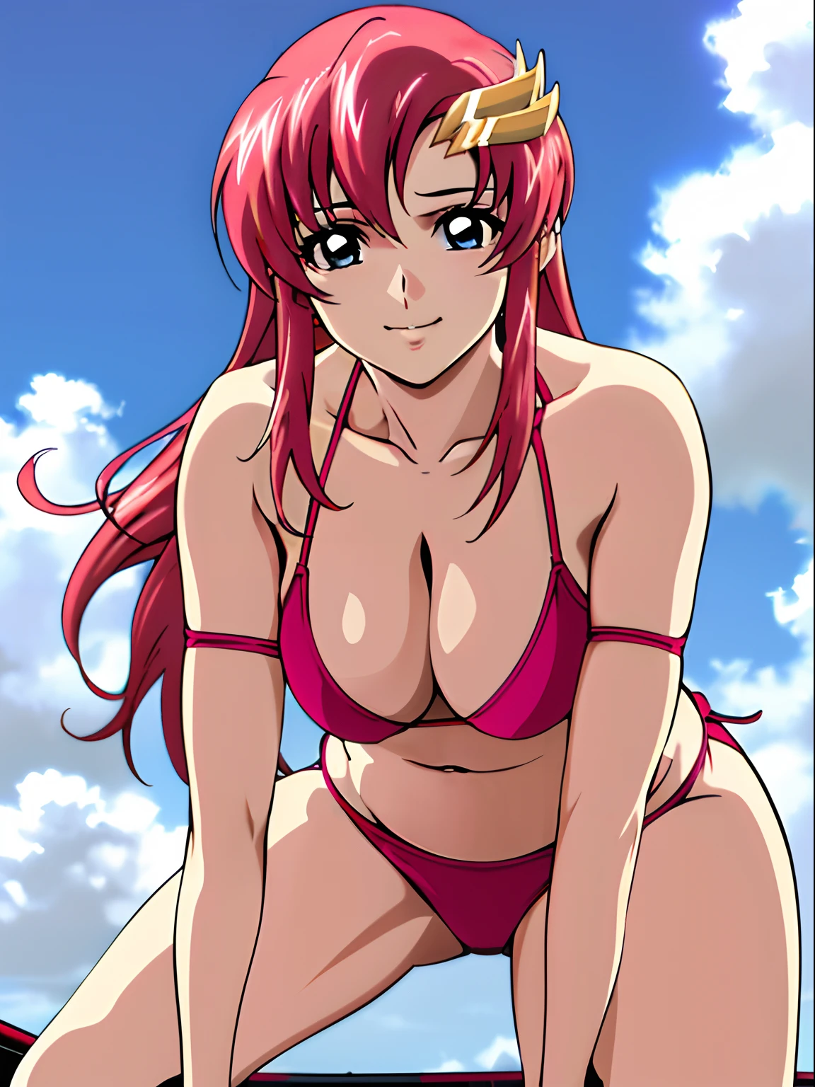 (masterpiece, upper body view, from below, 4K, Best Quality, Anime style: 1.9,, Adult Woman, ultra detailed face, (cloud background, wrestling), Drawing lines, high resolution, Anime, lacus4), 1girl, Solo, curvy figure, Long hair, 鎖骨, scapular, (Detailed wide hair bangs, Hair Ornament, Detailed reddish-pink hair, golden crest), cleavage, large hands, (female wrestler). (Big blue eyes, shiny eyes), ((hands on knees, broad shoulders, closed fists)), ((perfect proportions, medium breasts, long belly)), (((bikini, pink wrestling gear))), happy, smile, (standing, looking at the viewer)