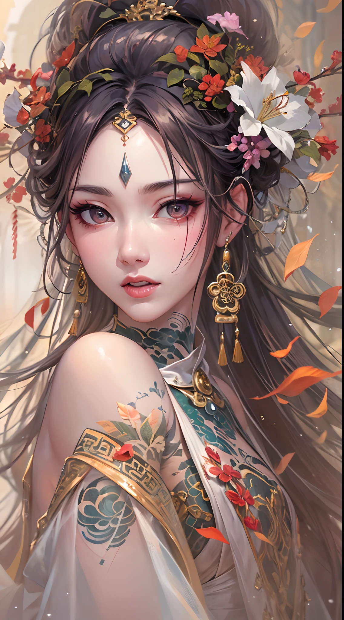 An ancient Chinese beauty, charming temperament, flowing long skirt, clear face, beautiful eyes, osmanthus surrounding, perfect body structure proportional masterpiece, super detailed, epic composition, color tattoo art, new traditional tattoo art, SD tattoo design, color tattoo art, mysterious warm and friendly atmosphere, hyper-realistic painting, super HD, high quality, highest quality, 32k --v 6