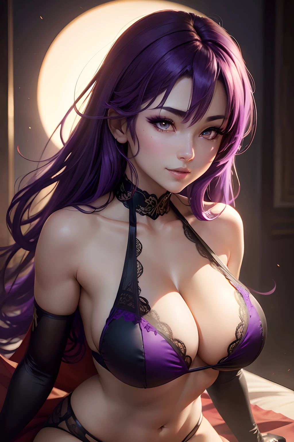 Anime, Akeno Himejima, purple hair, HH-size boobs, big ass, Still Cine Portrait movie scene, she is looking with smokey purple eyes and a wide lustful smile, insanely detailed face and eyes, digital illustration, High School DxD, halter top, short pleated skirt, masterpiece, a front view of a cute woman, beautiful eyes, atmospheric lighting, centered, perfect anatomy, glowing eyes, glamour portrait, clear, very detailed, concept art, smooth, sharp focus, dynamic front view pose, art by Redjuice