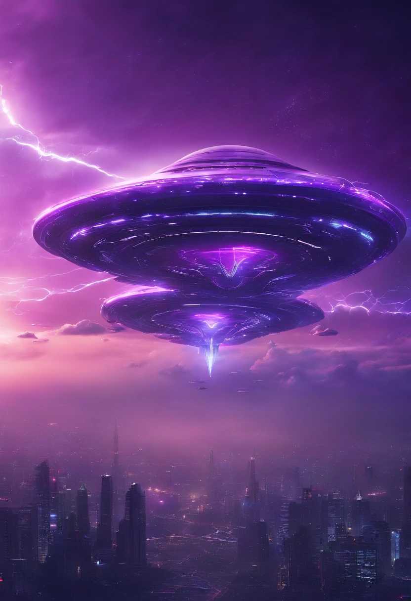 Futuristic alien spaceships flying abovethe clouds, dark sky, purple lighting, rain,lightning, hyper realistic, highly detailed,8k
