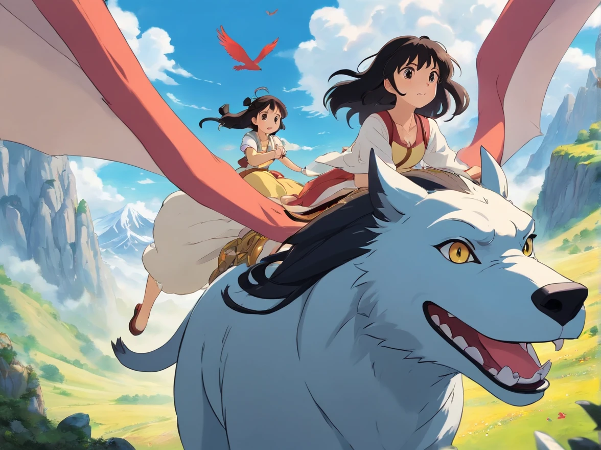a girl riding a magic magestic beast, unbreakable bond between the girl and the beast, mystical aura surrounding them, long black hair, brown eyes, a long beautiful necklace and lovely heart-shaped earrings, in the style of tranquil mountainscapes, colorful animation stills, adventure, sunshine
