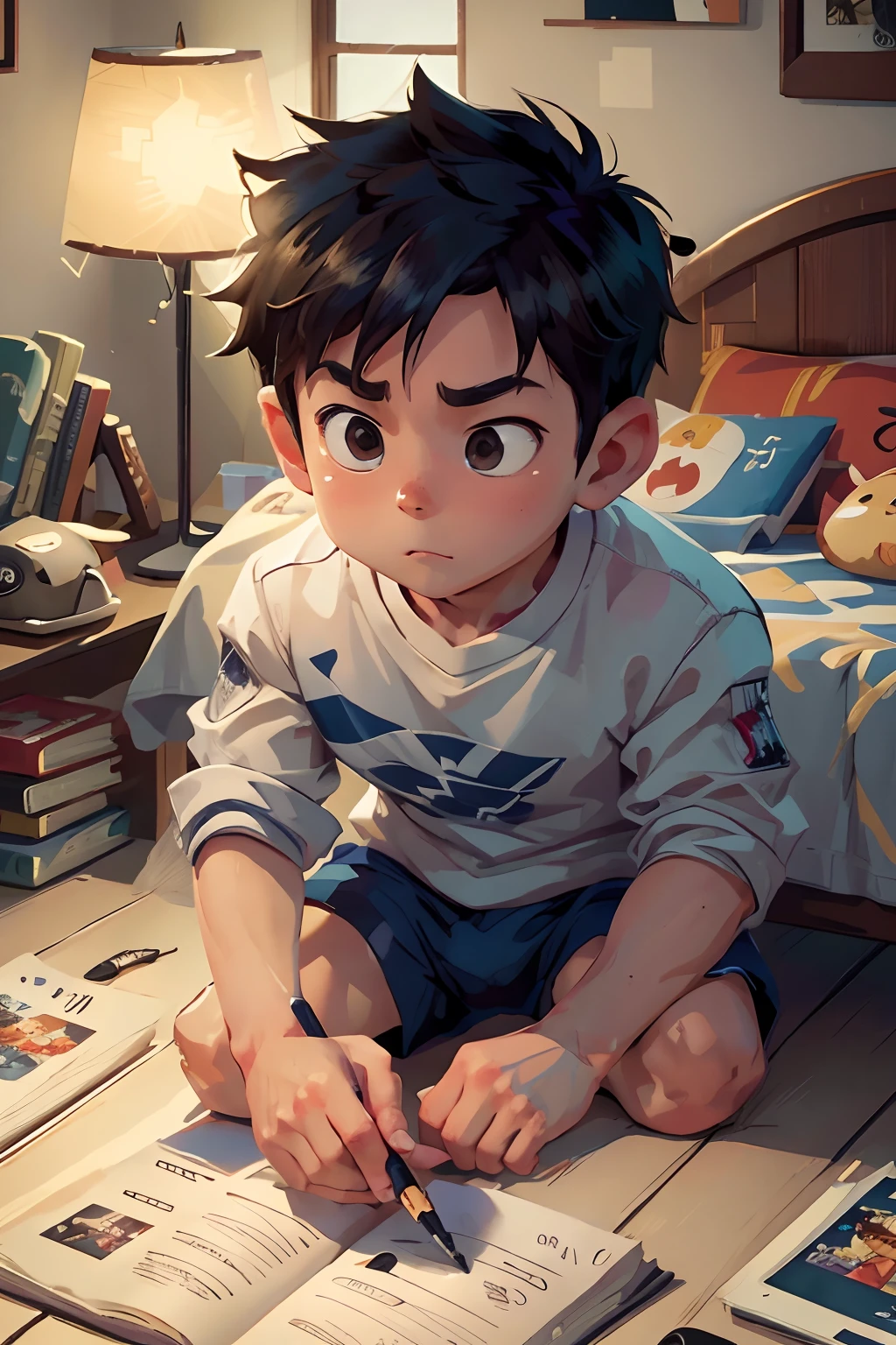 Ultra HD ,best quality, Masterpiece, Best Quality, High resolution, detail enhancement, 4k, High Resolution, comic book character, comic, high quality detailed, small boy in the bed sleeping with happy face, dark room illuminated by a sleep lamp, detail enhancement, 8K, HD, Best Quality, hiquality, hight resolution, detail enhancement, 8K, HDR, sharp-focus, Ultra Detailed, perfect lighting