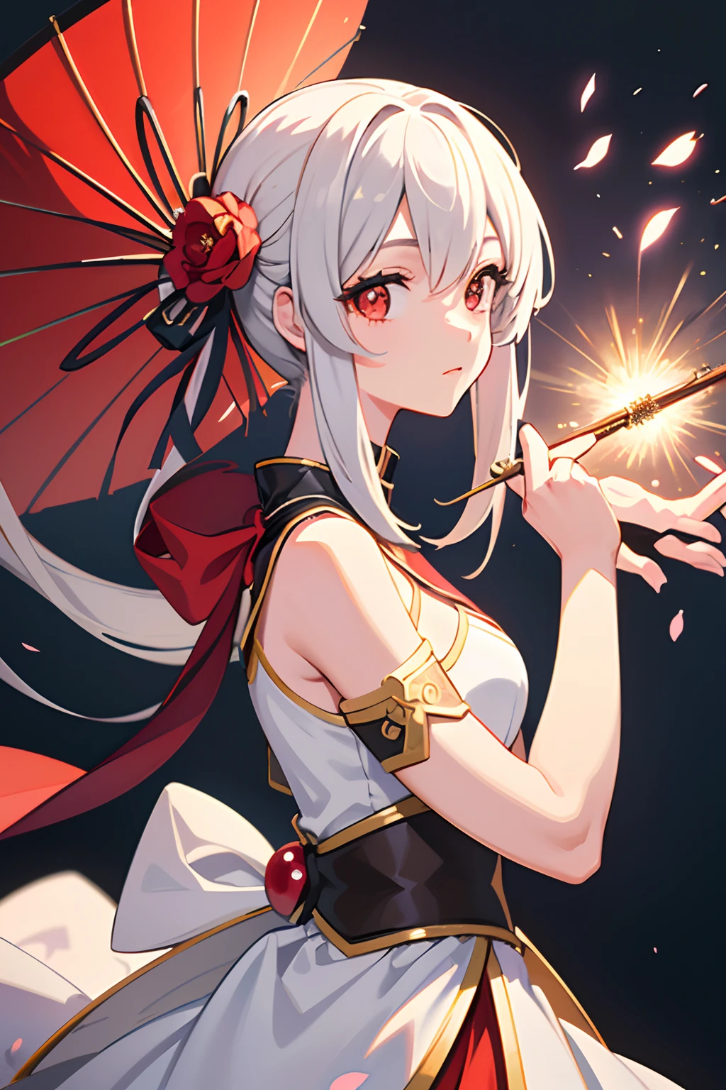 (Masterpiece:1.2, Best quality), (fine detailed beautiful eyes: 1.2), ((1girll)), ((Solo)), (Red eyes:1.4), (finely detailed eyes and detailed face:1.3), (beautiful and clear background:1.2), (Extremely detailed CG, Ultra-detailed, Best shadow:1.1), ((Depth of field)), ((aquarelle)), (their:1.5), (komono:1.3), Large breasts, Bare shoulders, flowers and petals, Beautiful concept illustration, (White background:0.5), (illustration:1.1), (Extremely fine and beautiful:1.1), (Perfect details:1.1), From the side Side, Cowboy shot,