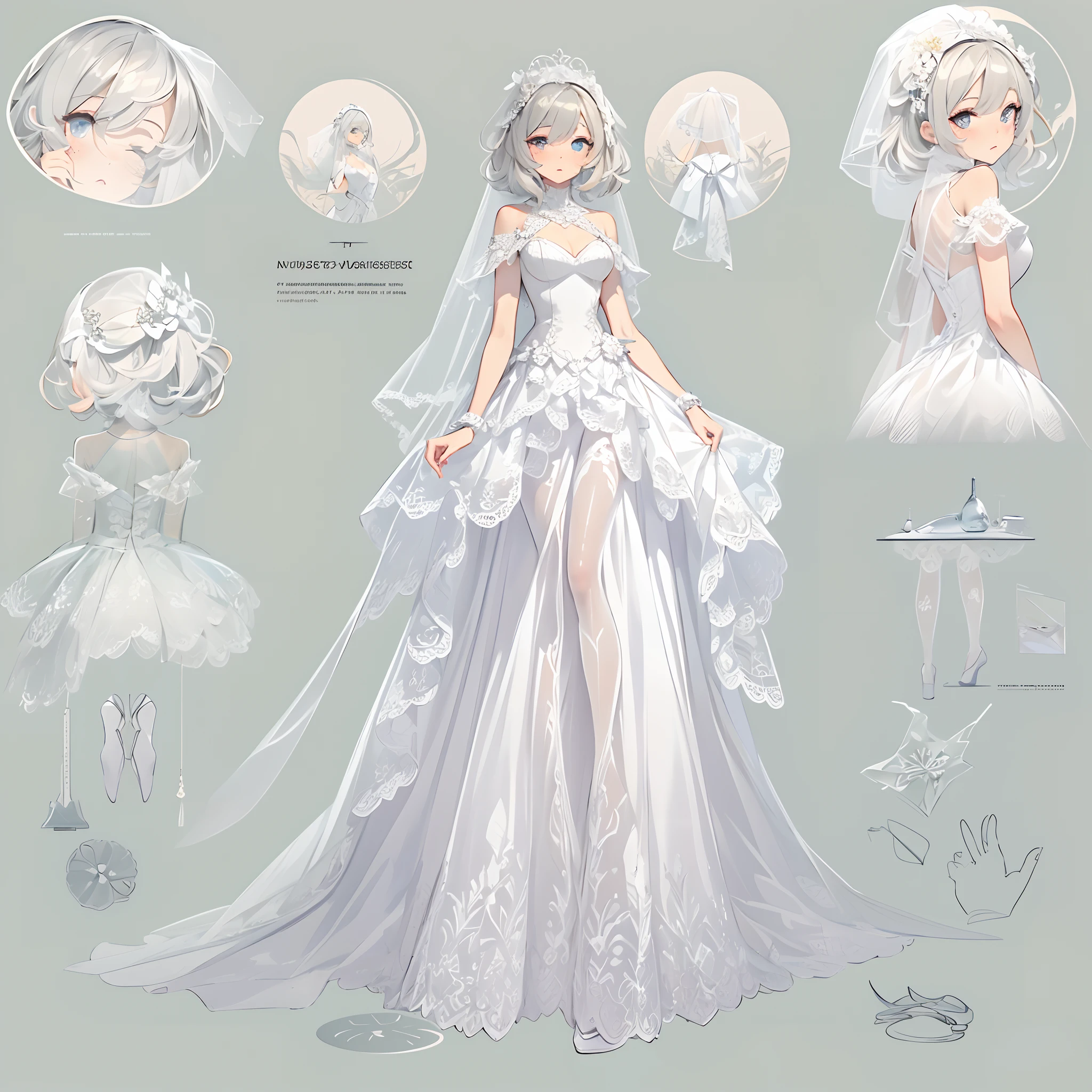 ((Masterpiece, Highest quality)), perfectly proportions,CharacterDesignSheet,full bodyesbian, Full of details, White background,Beautiful teenage girl,Gradient hair color,Detailed eyes, ssee-through,wedding gown,lacepantyhose,Clouds,High Balance, Overhead halo,Natural light