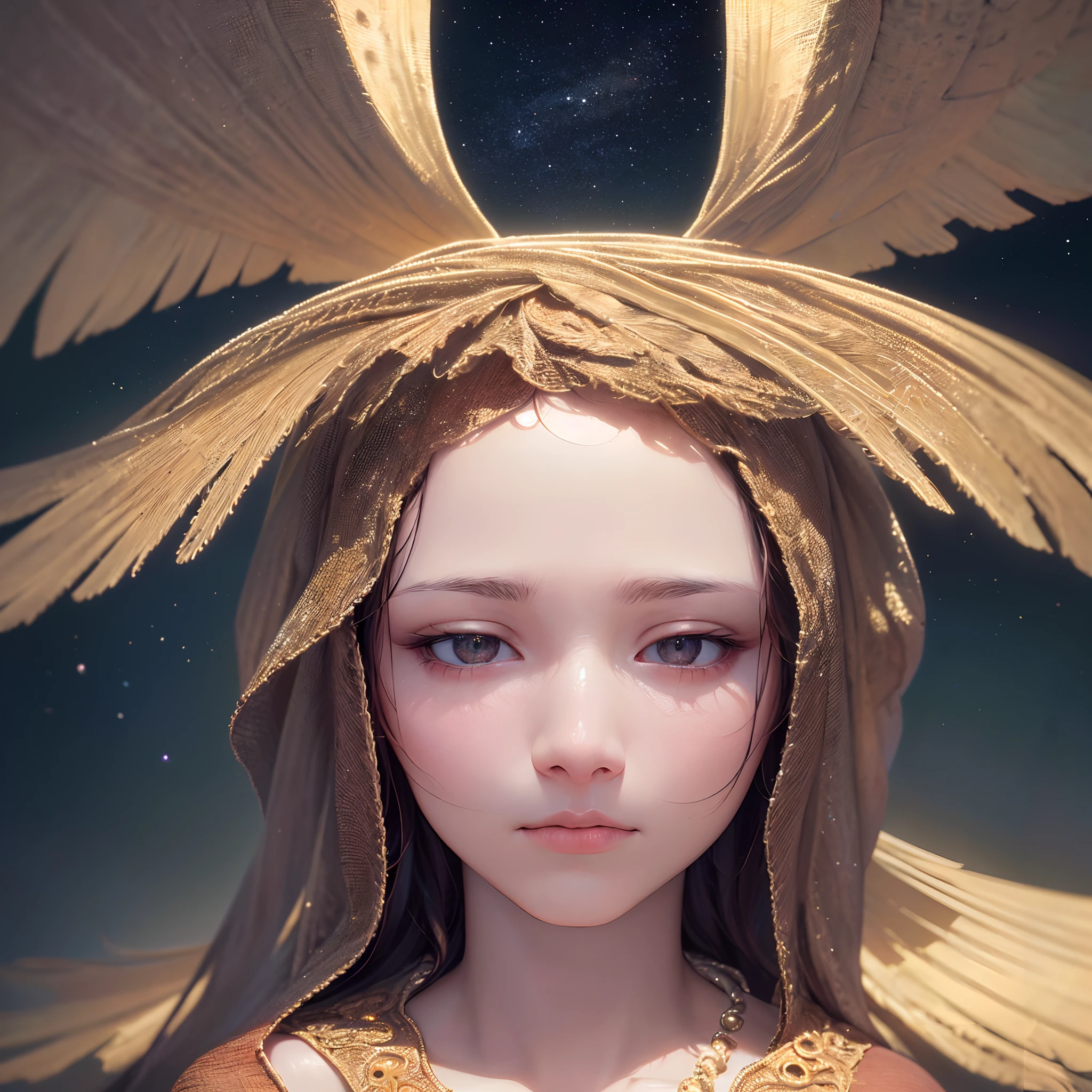 (best quality,4k,8k,highres,masterpiece:1.2),ultra-detailed,(realistic,photorealistic,photo-realistic:1.37),angelic,celestial,album cover,calm,vibe,melancholic,stars