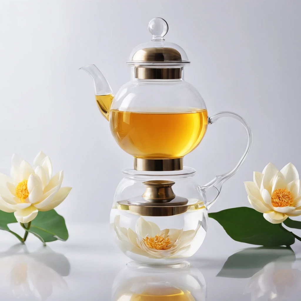 There is a lotus flower in the transparent glass teapot，Golden liquid，cleanness，White background，Simple composition