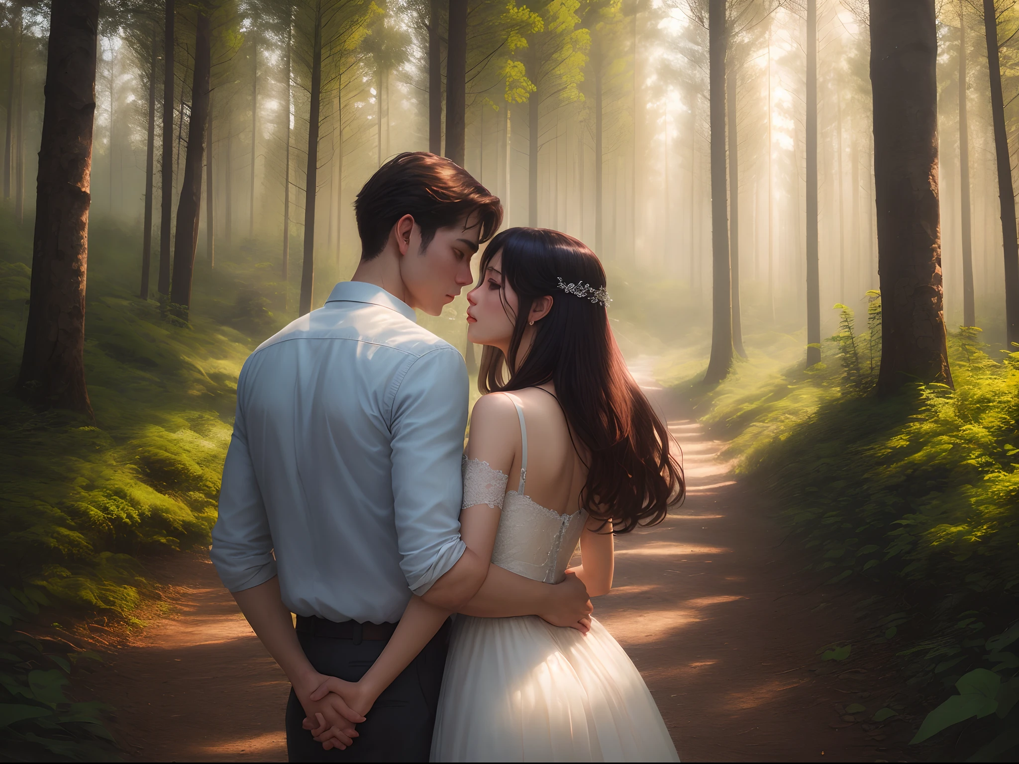 A portait of couple at the forest, the light is from behind and the scene is romantic, Realistic style, dramatic, make it blueish color grading