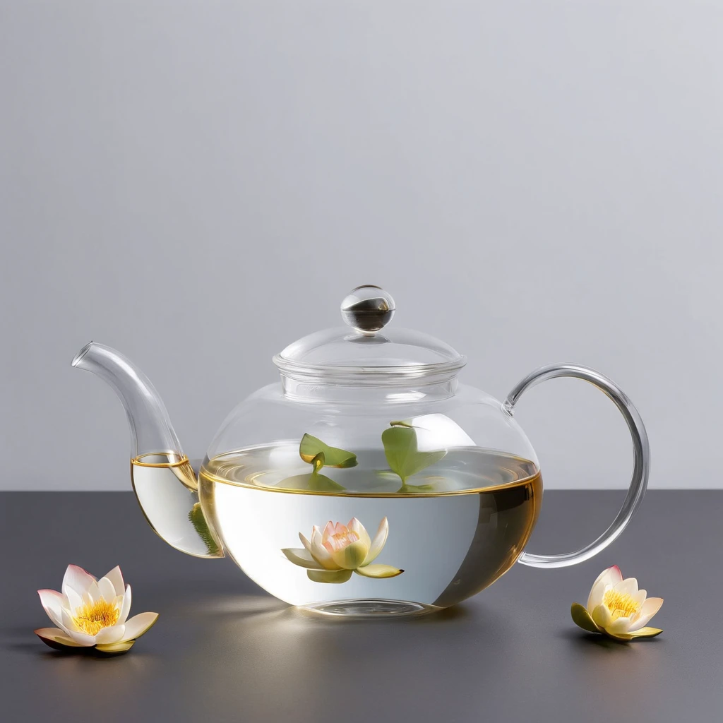 There is a lotus flower in a transparent glass teapot，Golden liquid，cleanness，White background，Simple composition，Minimalism,Super detail, ccurate, Best quality, hyper HD, Masterpiece, A high resolution, 1080p, 16k, Award-Awarded, Super detail, High details