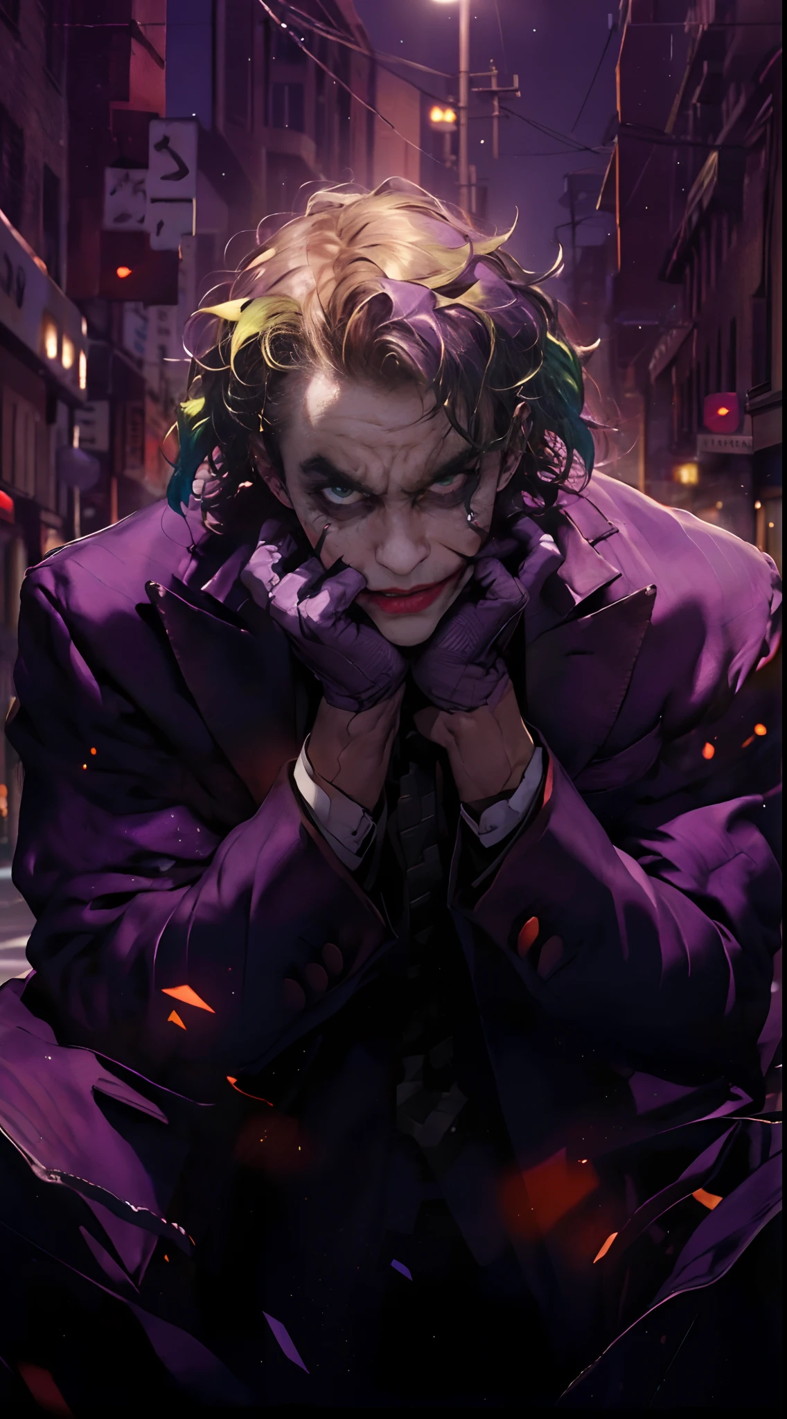 (Night:1.7), CityView, (from_front:1.4),(Close-Up:1.5),(Face_focus:1.7),(looking_at_viewer:1.9),
Standing in Street,
Purple_suit,Purple_jacket,Green_shirt,collar,necktie,
Joker,Green_hair,1 old_Man, 50yo,male,looking at viewer,(angry:1.0),
NSFW,official art,extremely detailed CG unity 8k wallpaper, perfect lighting,Colorful, Bright_Front_face_Lighting,
(masterpiece:1.0),(best_quality:1.0), ultra high res,4K,ultra-detailed,
photography, 8K, HDR, highres, absurdres:1.2, Kodak portra 400, film grain, blurry background, bokeh:1.2, lens flare, (vibrant_color:1.2)