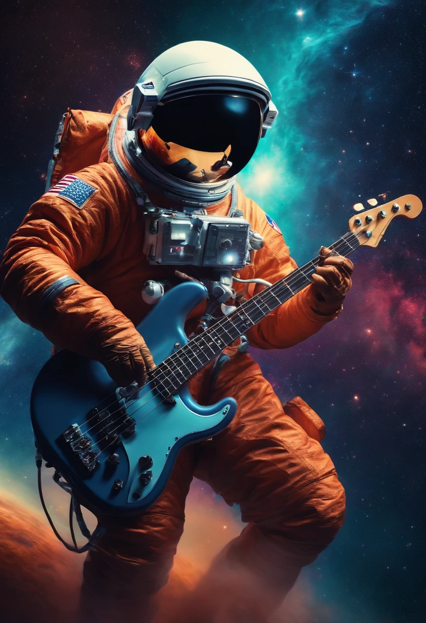 Astronaut playing bass in space with nebula in the background and zoadiac