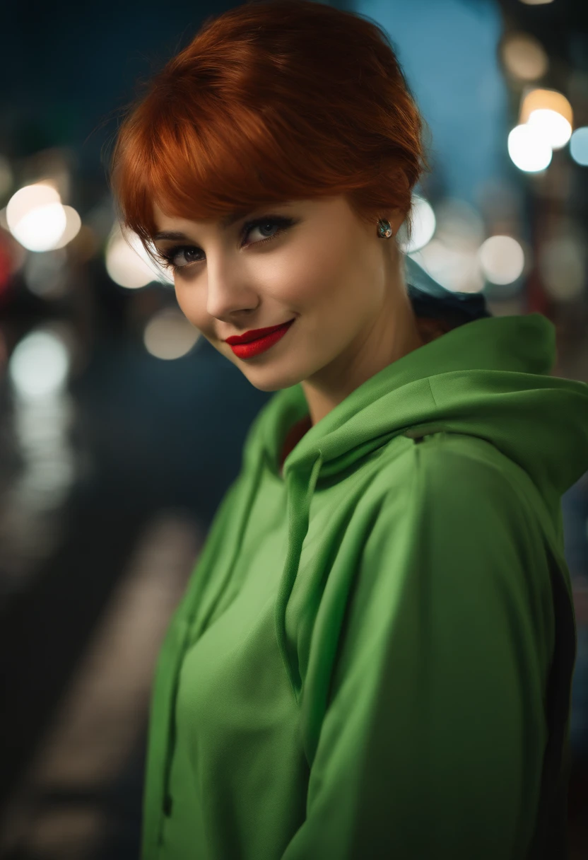 short lenght, slim, red haired, young adult woman, bright green eyes, night ,modern world. Tokyo, lights, cute, tatoo, smile, high quality, sharp backround, better shadows in the backround, rain, black hoodie, short bottom, belly shirt, water reflection