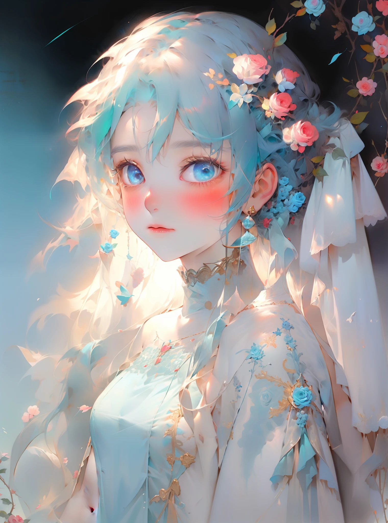1 Girl facing straight ahead,nijistyle,Tiffany blue hair,(ssmile:0.78),smallunderboob,Chest flat,Sky blue cute dress,Lovely Niji style,Best picture quality,Top masterpiece,High- sharpness,8k wall paper,flatchest,There are more than a few light blue roses hanging on the head,smallunderboob,white backgrounid,The protagonist occupies the proportion of the picture: 0.3,Do not make clothes transparent