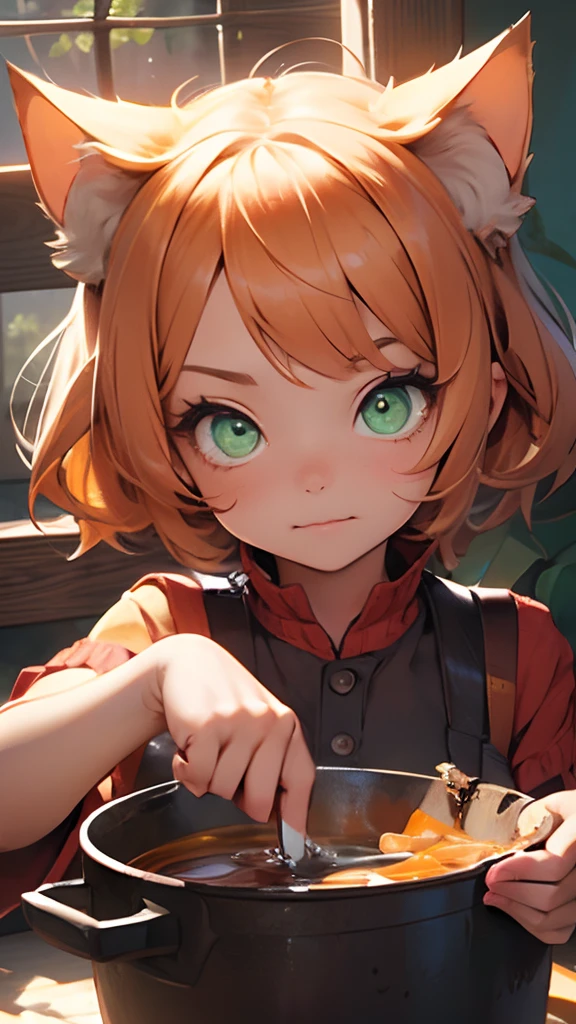 Scene from the mid-length shot of the cute Lily , cat girl 6 years old，Has big, sweet green eyes, lovely digital painting, portrait of very beautiful girl, Cute detailed digital art, red, orange, Cute face, A sly expression，The expression is mischievous, There is a pot of honey in her hand