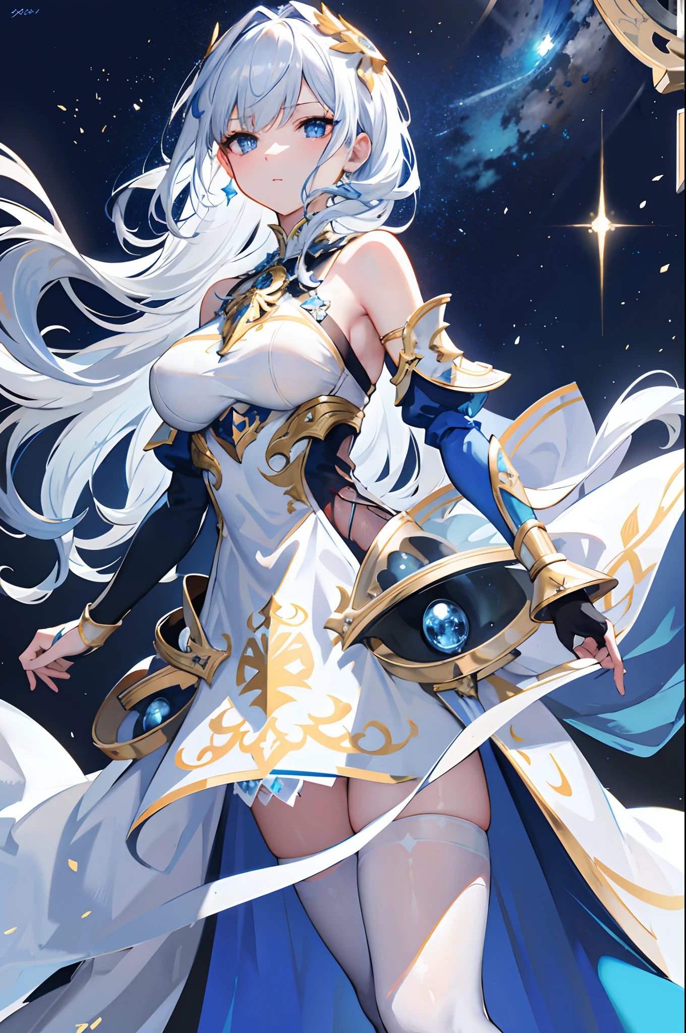 4K,High resolution,One Woman,White Hair,long hair,Blue Eyes,Valkyrie,Silver Sacred Armor,Sideboob,Blue long boots,Blue gloves,Winged headgear,Jewelry decoration,Holy Sword,Temple in the Sky