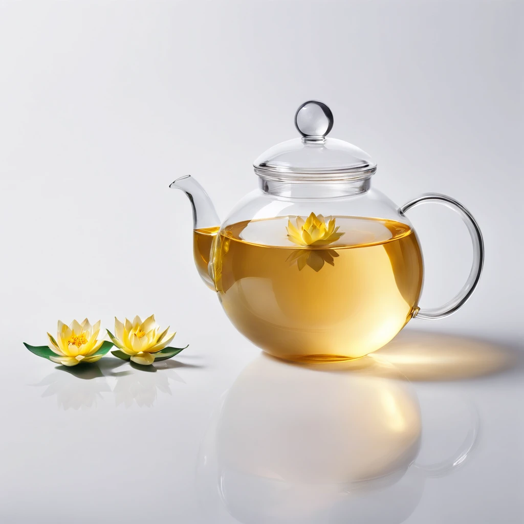 There is a lotus flower in a transparent glass teapot,Golden liquid,cleanness,White background,Simple composition