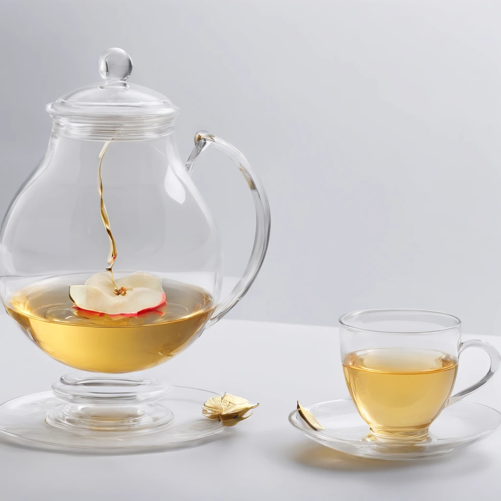 There is a lotus flower in the transparent glass teapot，Golden liquid，cleanness，White background，Simple composition，Minimalism,Super detail, ccurate, Best quality, hyper HD, Masterpiece, A high resolution, 1080p, 16k, Award-Awarded, Super detail, High details