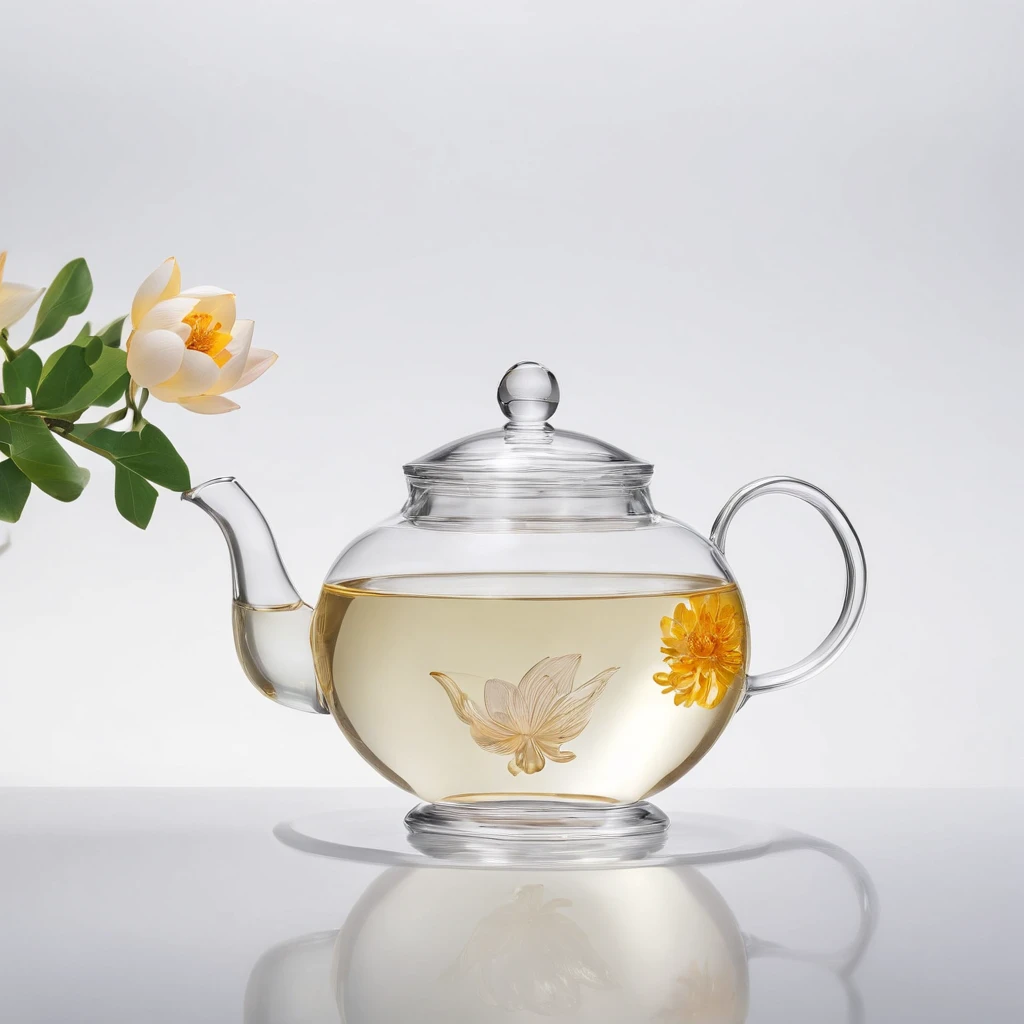 There is a lotus flower in the transparent glass teapot，Golden liquid，cleanness，White background，Simple composition，Minimalism,Super detail, ccurate, Best quality, hyper HD, Masterpiece, A high resolution, 1080p, 16k, Award-Awarded, Super detail, High details