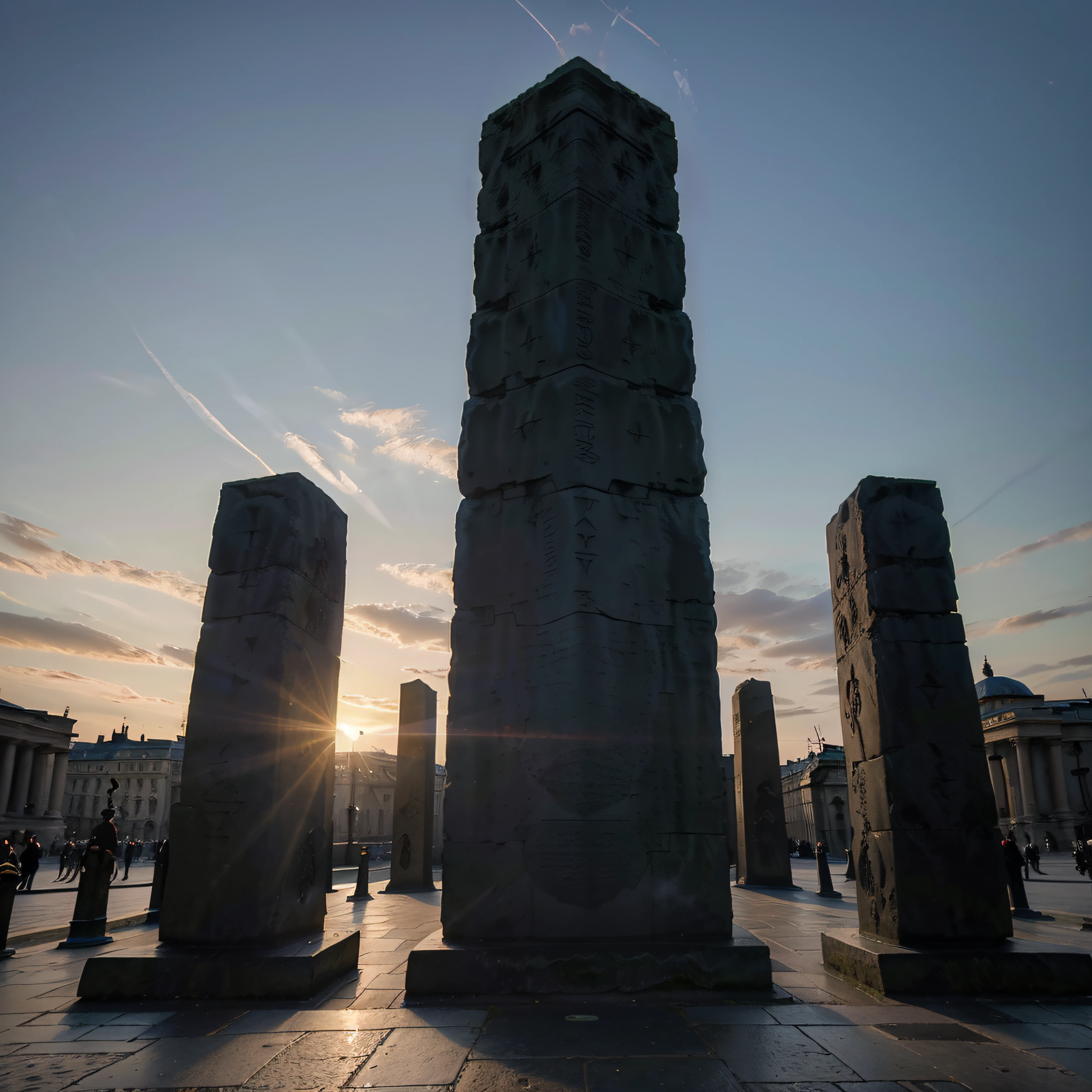 (highest quality, high resolution, masterpiece, photography), A photograph of empty Trafalgar Square, London, (levitating stone monolith:1.3)