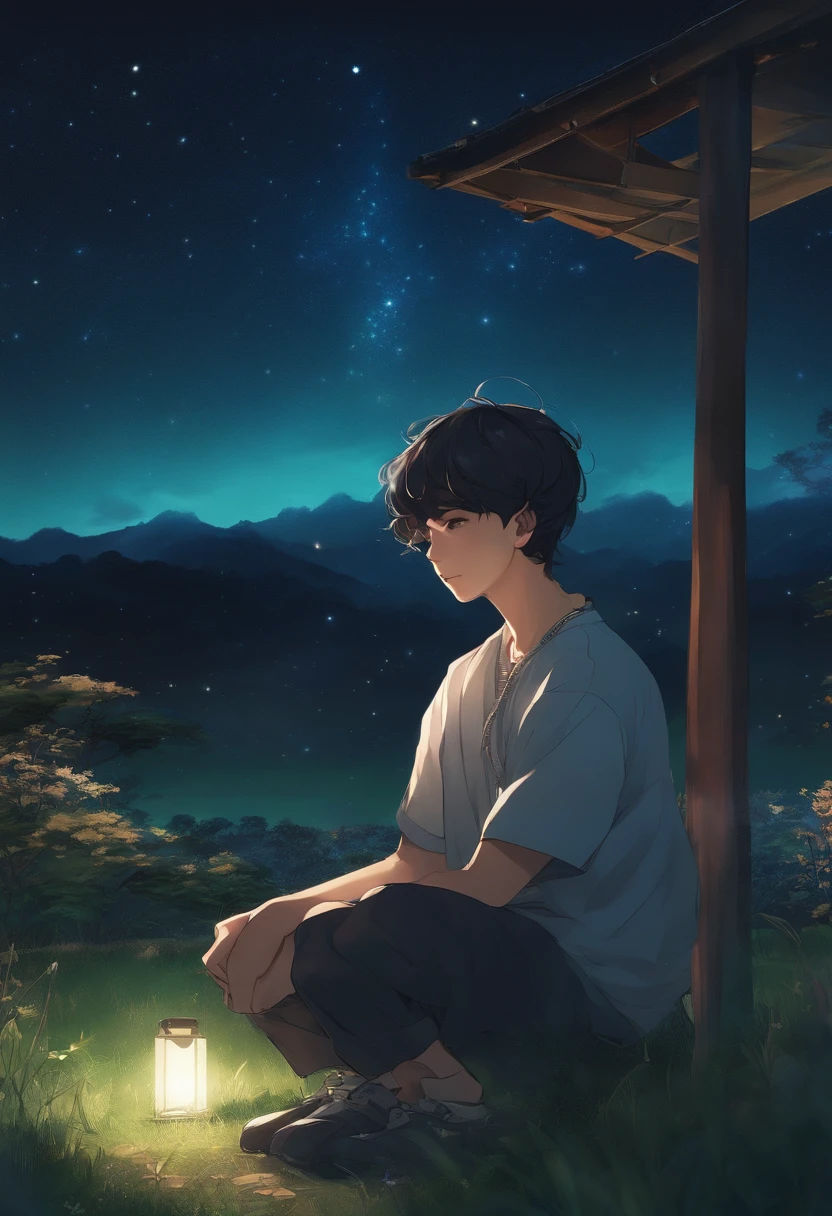 boy sitting on the grass, looking at the starry sky, japan, cyberpunk scene