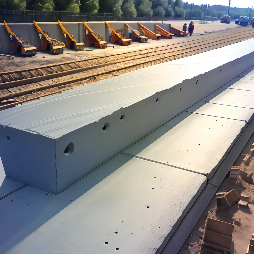 A reinforced concrete beam poured by workers on a public works site showing the reinforcements waiting perspective view