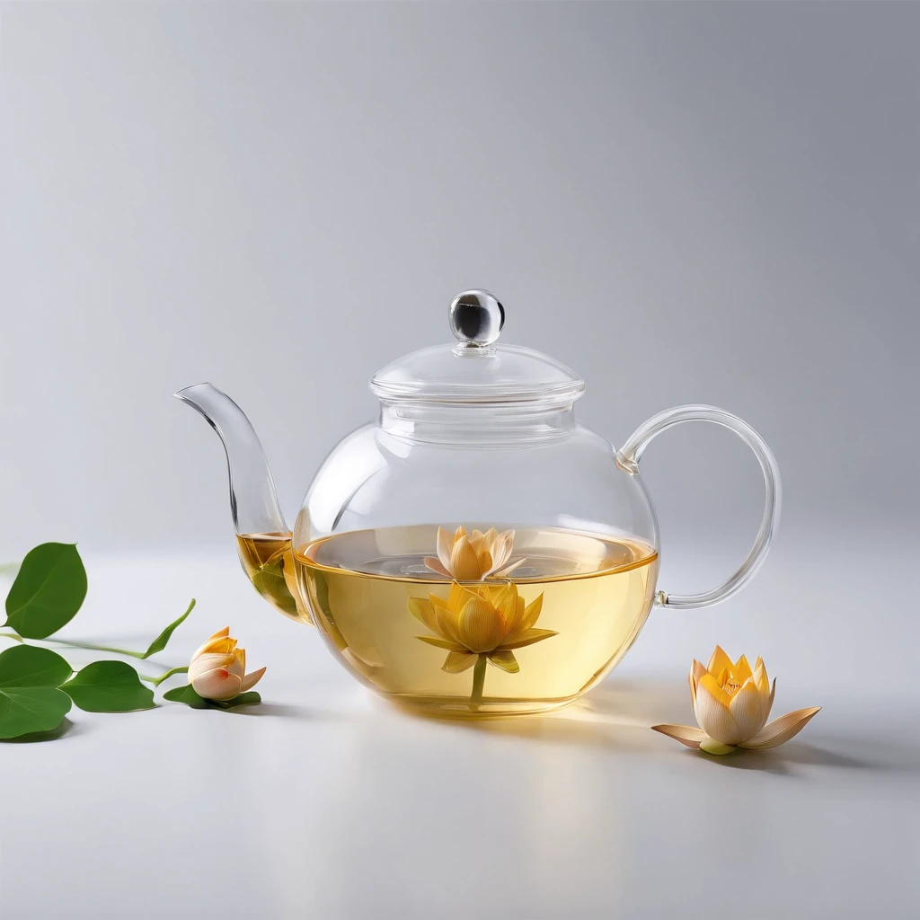 There is a lotus flower in a transparent glass teapot，Golden liquid，cleanness，White background，Simple composition