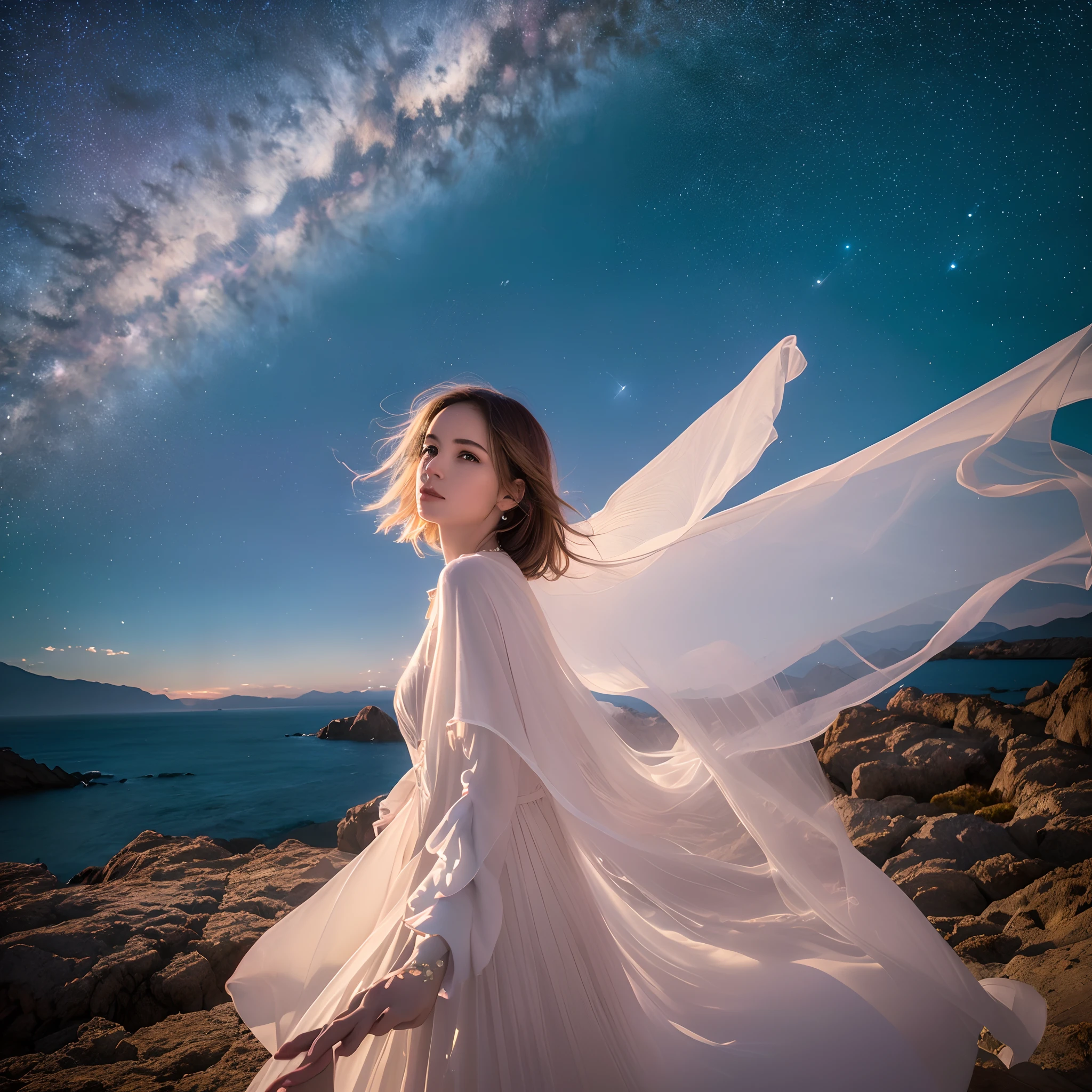 (best quality,4k,8k,Altas,master part:1.2),ultra-detalhado,(Realistic,fotorrealista,photo-realistic:1.37),angelic,celestial,album cape,calmo,vibrancy,wistful,Estrelas