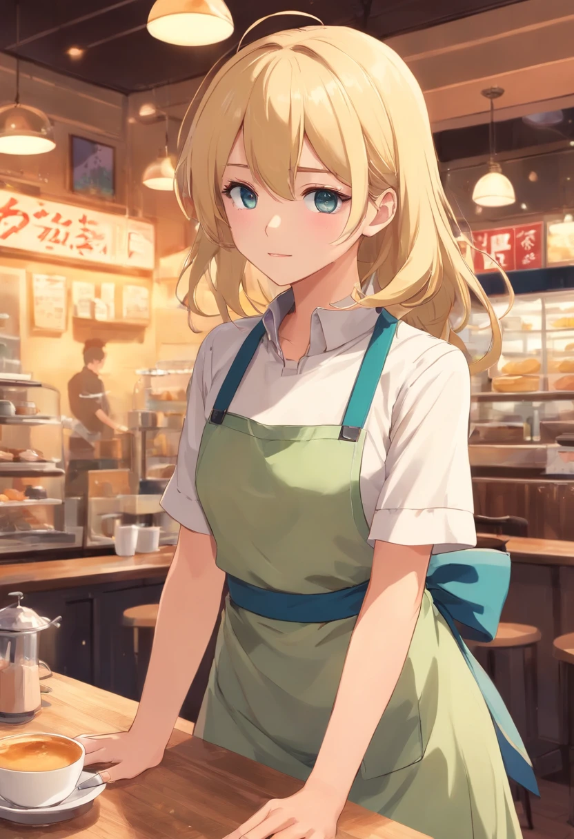 tmasterpiece，HighestQuali，anime，solo，A woman who is，((perfect female upper body))，Wearing an apron with a white dress，Long neat blonde hair，Neat bangs，((Inside the café))