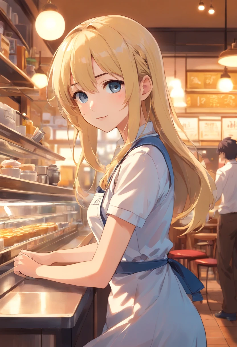 tmasterpiece,HighestQuali,anime,solo,A woman who is,((perfect female upper body)),Wearing an apron with a white dress,Long neat blonde hair,Neat bangs,((Inside the café))